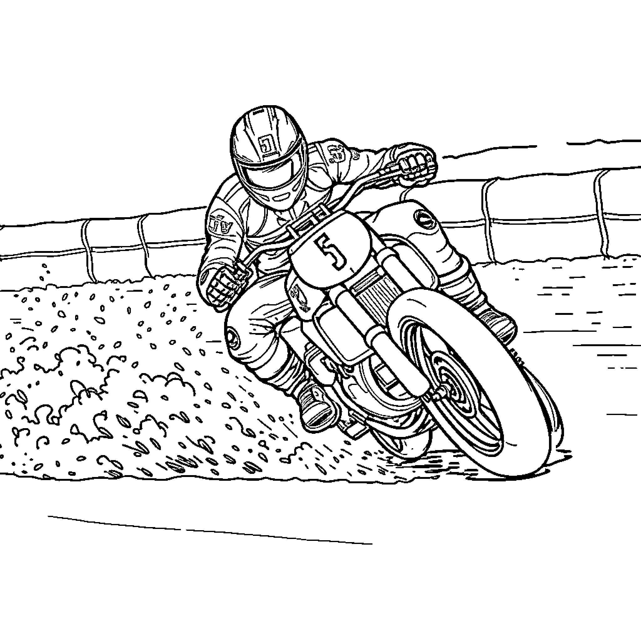 Motorcycle Racer in Action on the Track Coloring Page (free black-and-white line drawing printable PDF for all, from beginners to advanced learners, including children, teens, adults, and seniors)