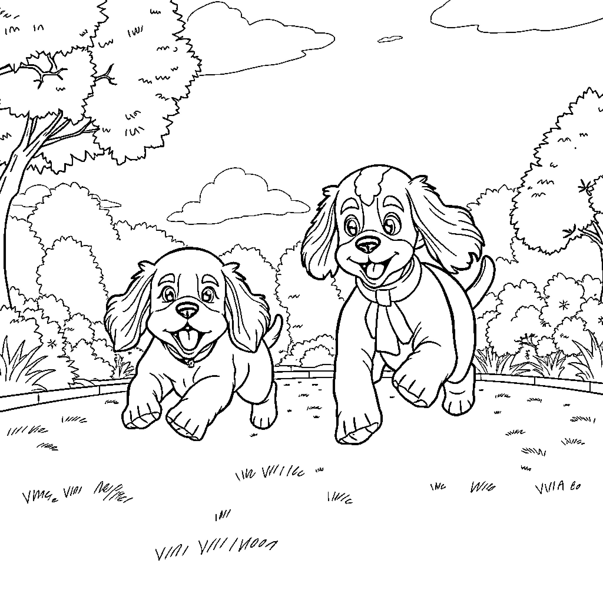 Cocker Spaniels playing happily in the park Coloring Page (free black-and-white line drawing printable PDF for all, from beginners to advanced learners, including children, teens, adults, and seniors)