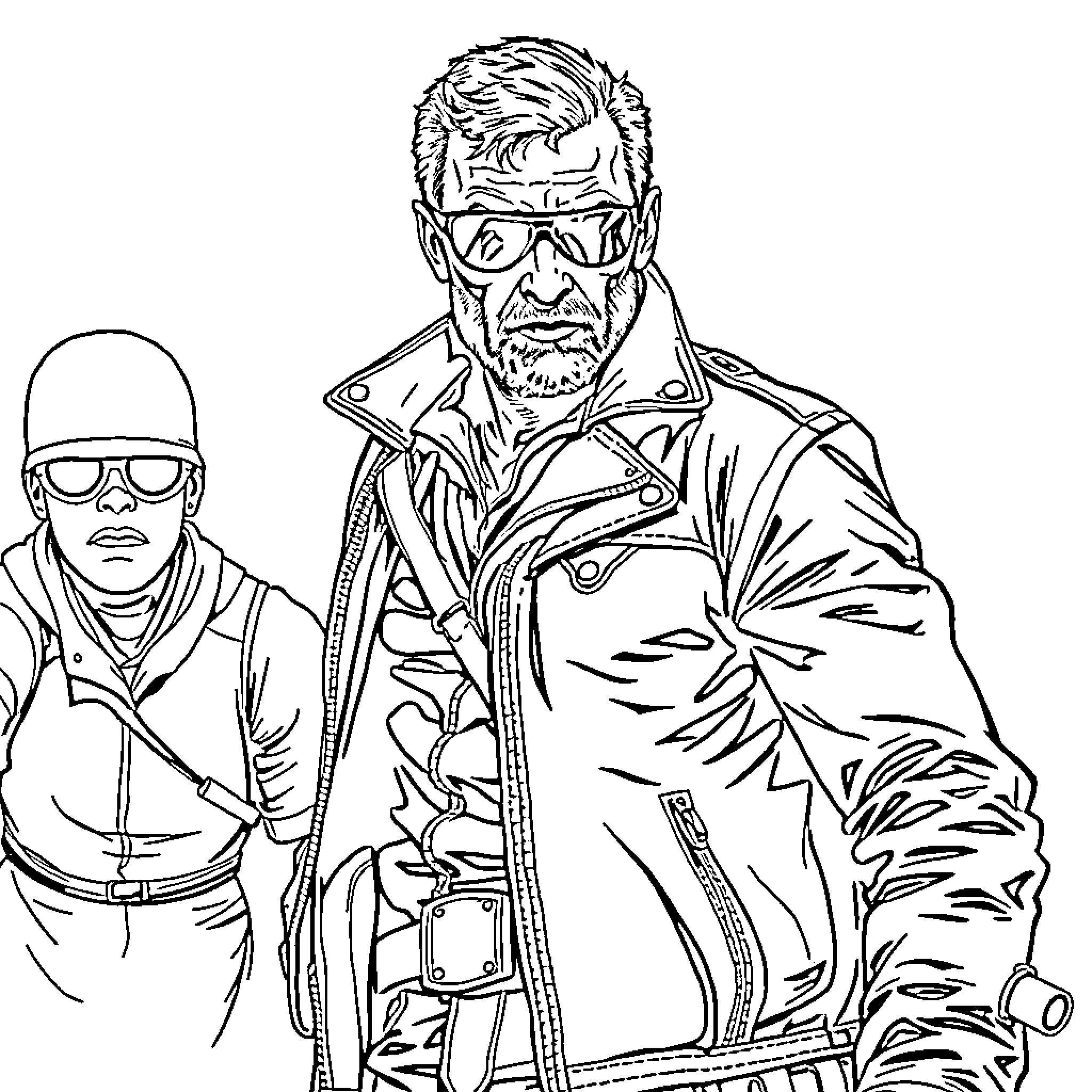 Bounty Hunter duo in combat gear Coloring Page (free black-and-white line drawing printable PDF for all, from beginners to advanced learners, including children, teens, adults, and seniors)