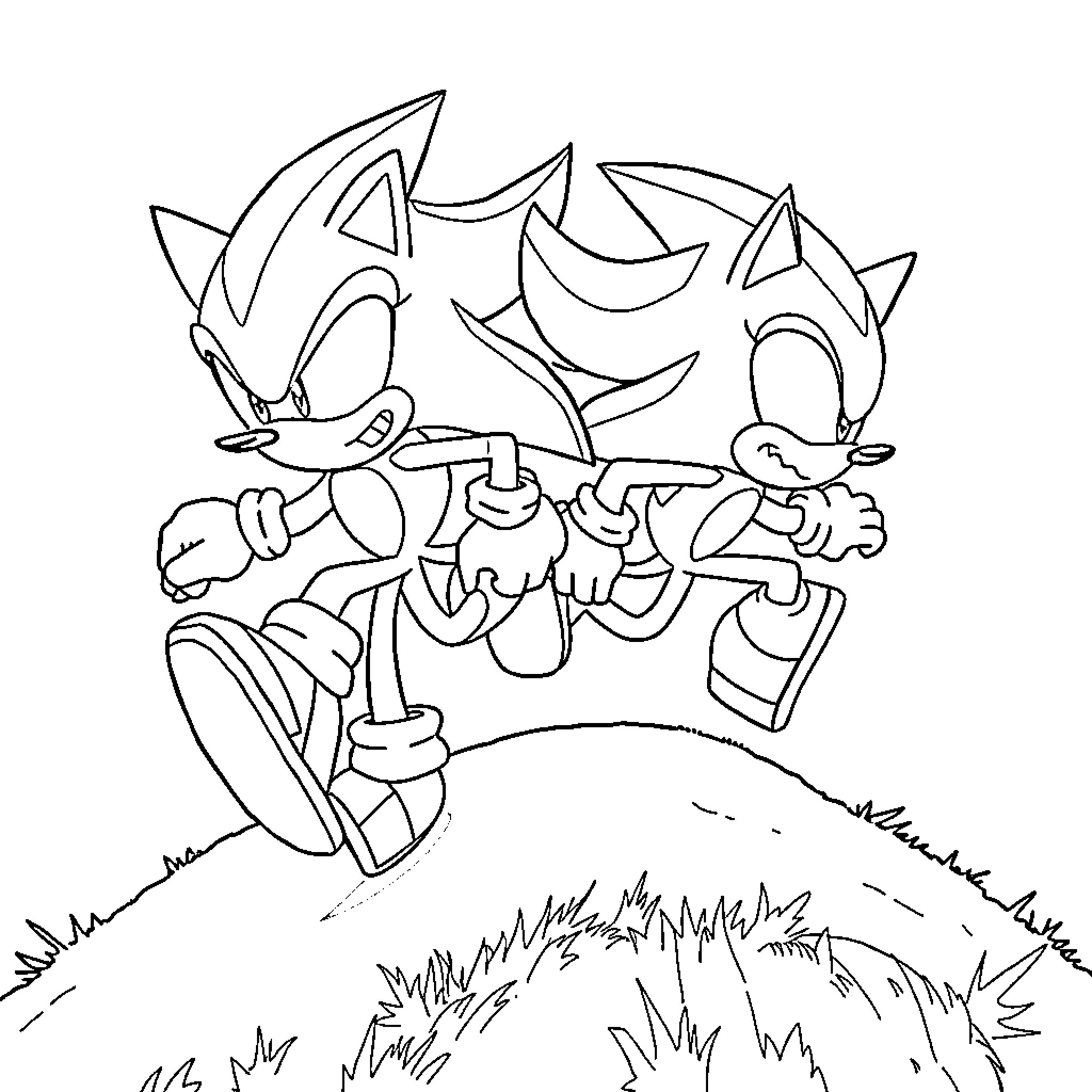 Sonic characters in dynamic action poses Coloring Page (free black-and-white line drawing printable PDF for all, from beginners to advanced learners, including children, teens, adults, and seniors)