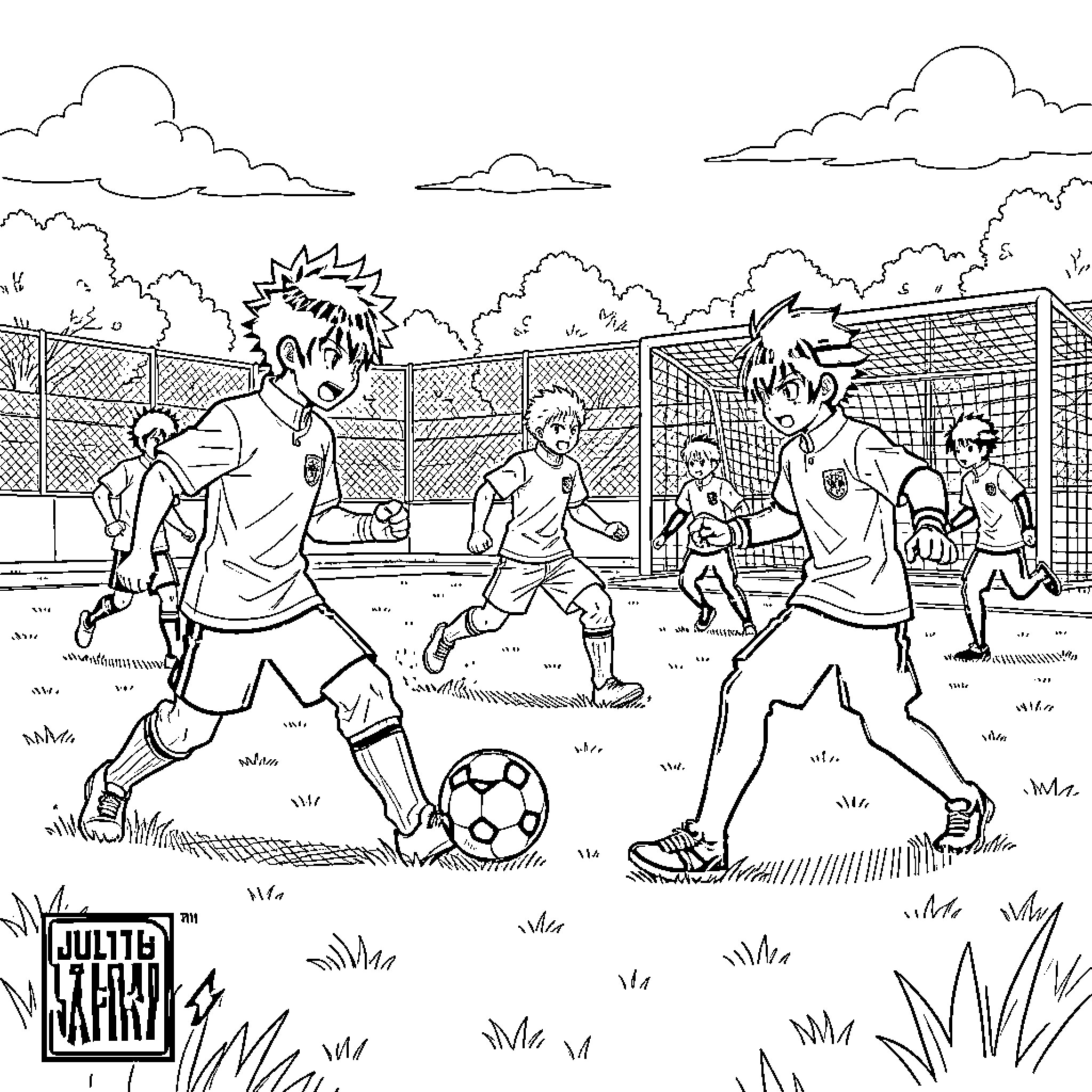 Jujutsu Kaisen characters playing soccer on a field Coloring Page (free black-and-white line drawing printable PDF for all, from beginners to advanced learners, including children, teens, adults, and seniors)