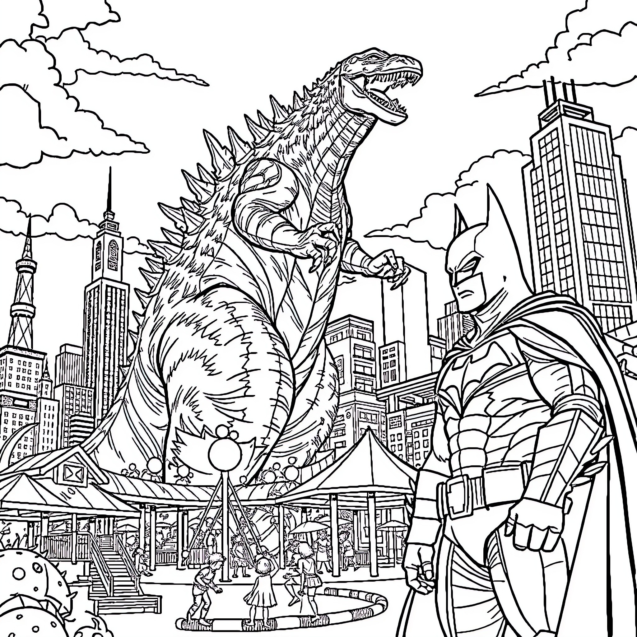 Godzilla battles Batman in the city skyline Coloring Page (free black-and-white line drawing printable PDF for all, from beginners to advanced learners, including children, teens, adults, and seniors)
