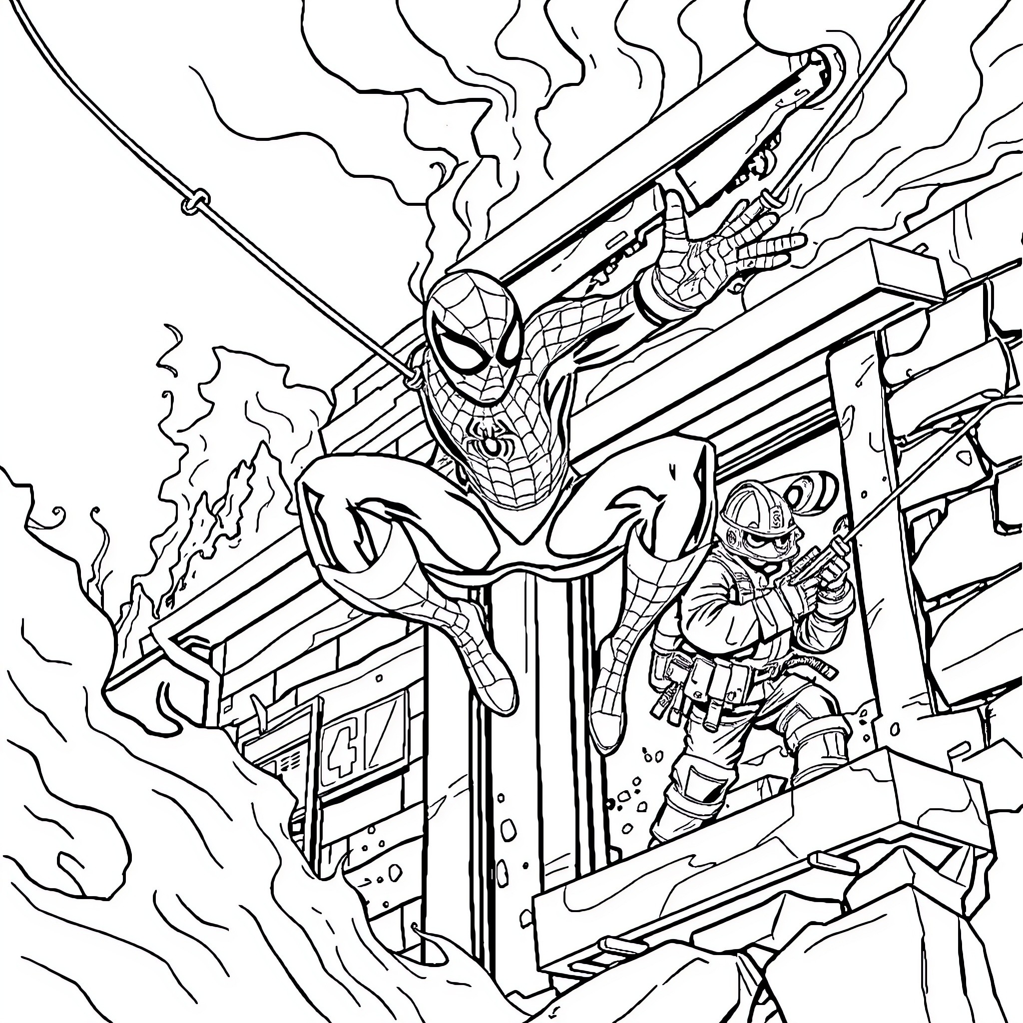 Spider-Man heroically saving the day in action-packed scene Coloring Page (free black-and-white line drawing printable PDF for all, from beginners to advanced learners, including children, teens, adults, and seniors)
