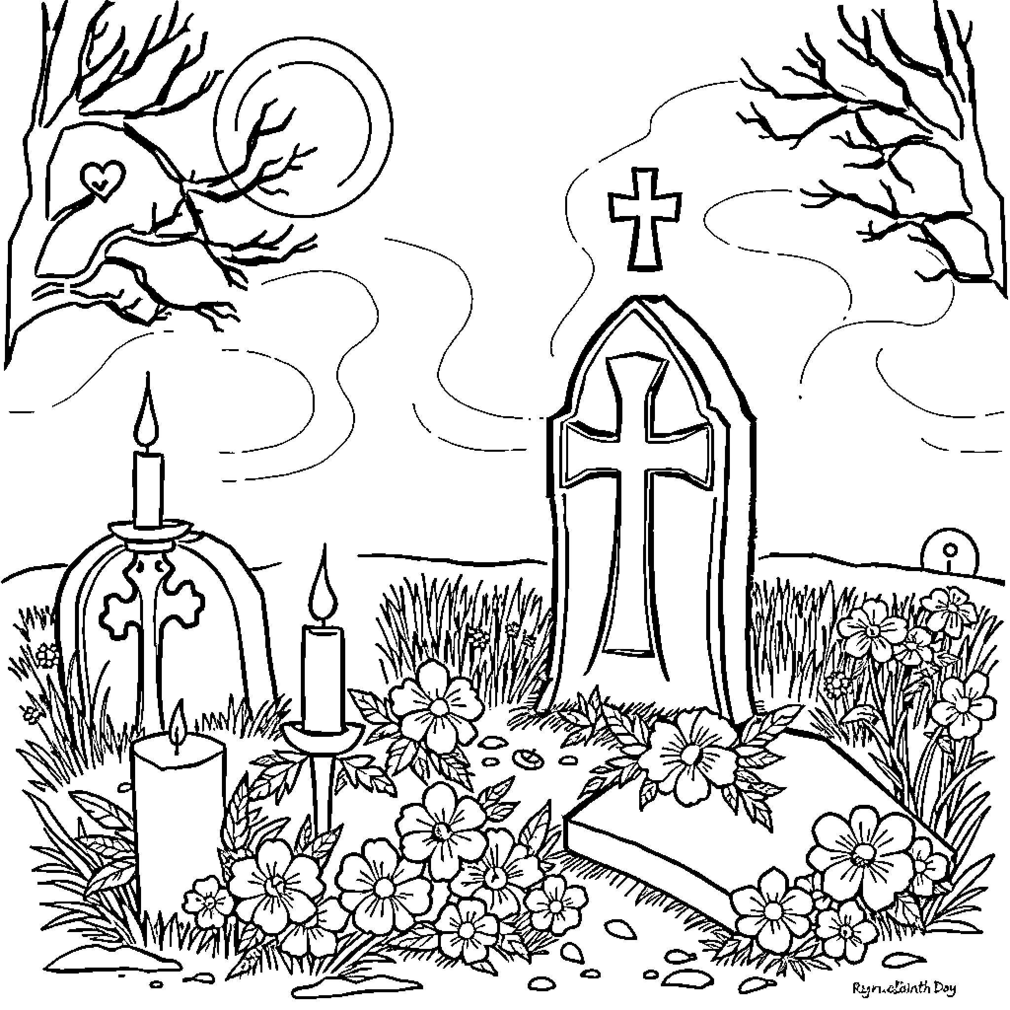 Saint's Tranquil Gravesite in Nature's Embrace Coloring Page (free black-and-white line drawing printable PDF for all, from beginners to advanced learners, including children, teens, adults, and seniors)