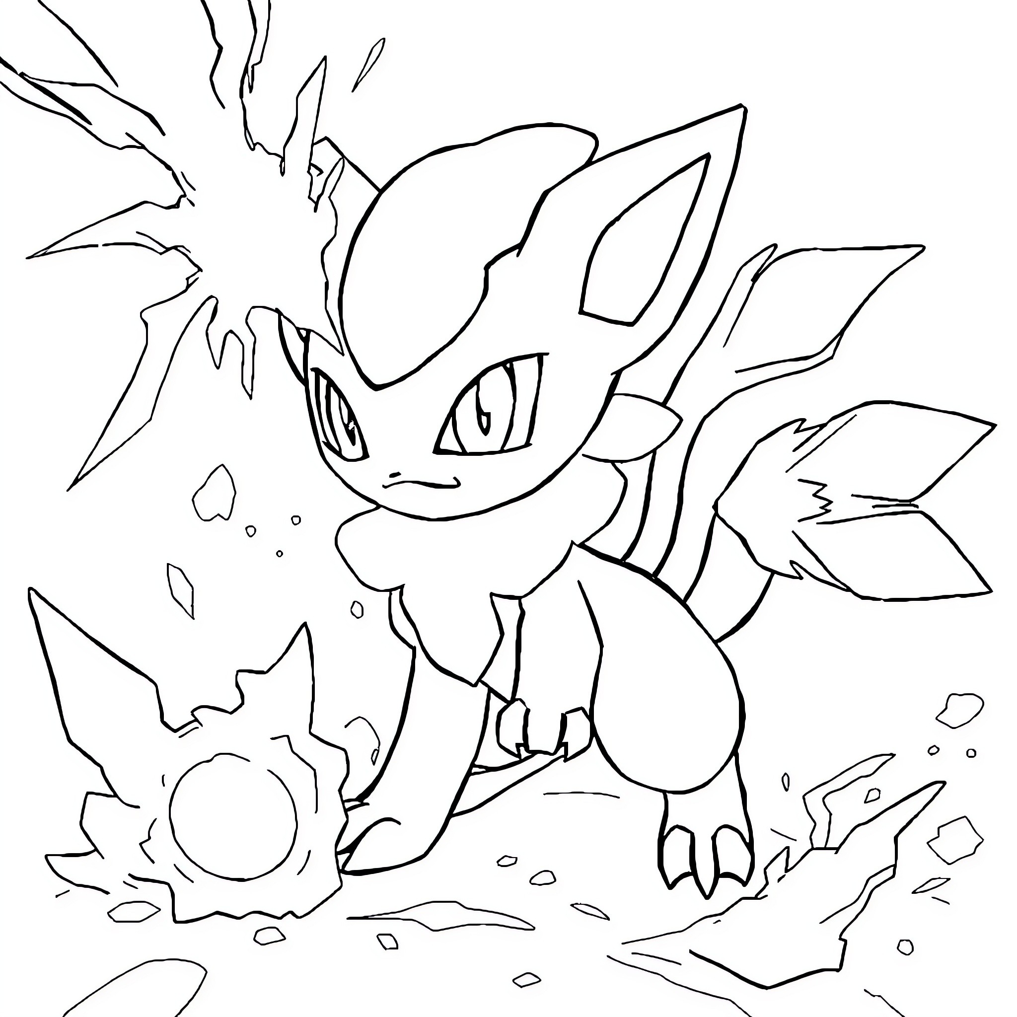 Mewtwo's Ferocious Stance Amid Destruction Coloring Page (free black-and-white line drawing printable PDF for all, from beginners to advanced learners, including children, teens, adults, and seniors)