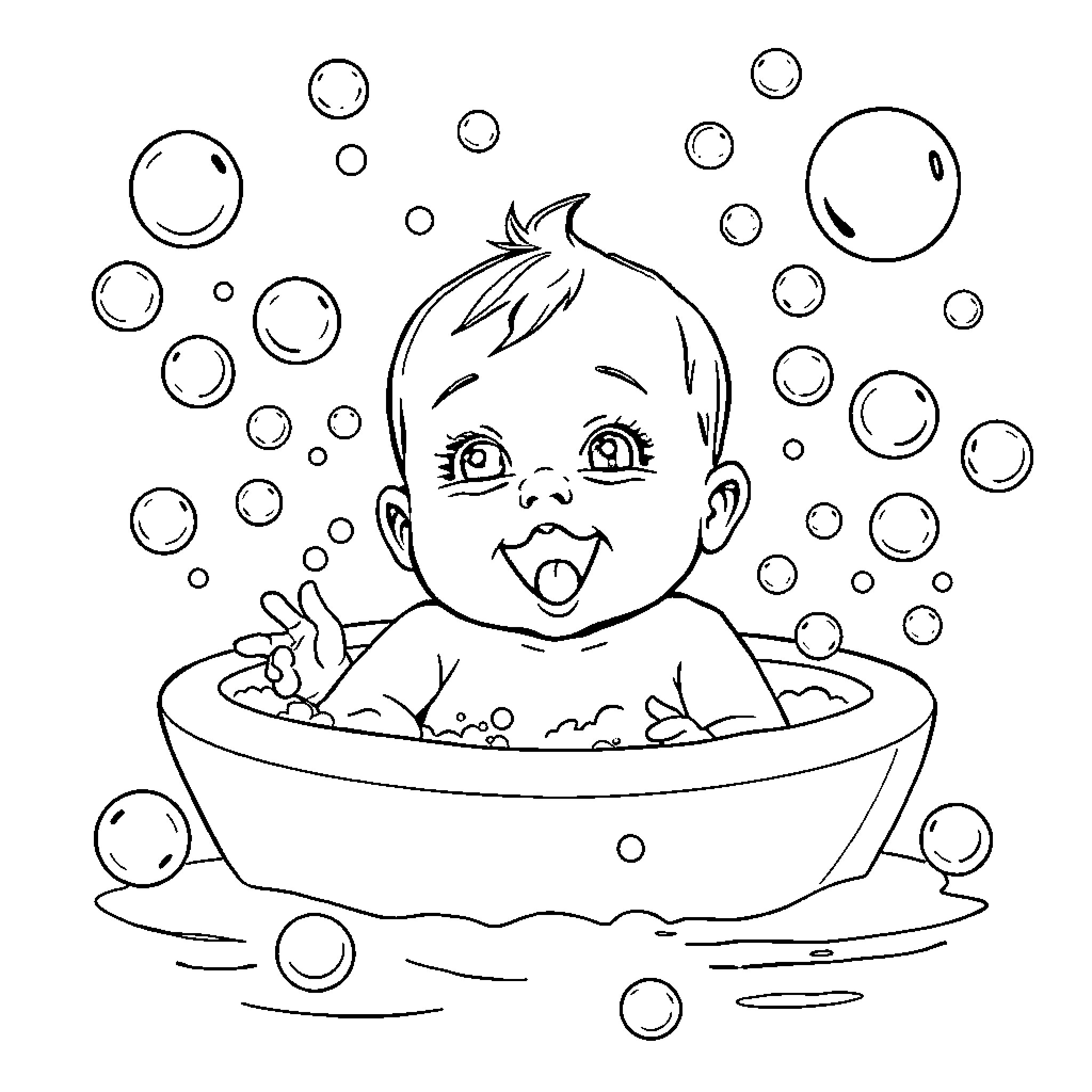 Baby enjoying a bubble bath Coloring Page (free black-and-white line drawing printable PDF for all, from beginners to advanced learners, including children, teens, adults, and seniors)