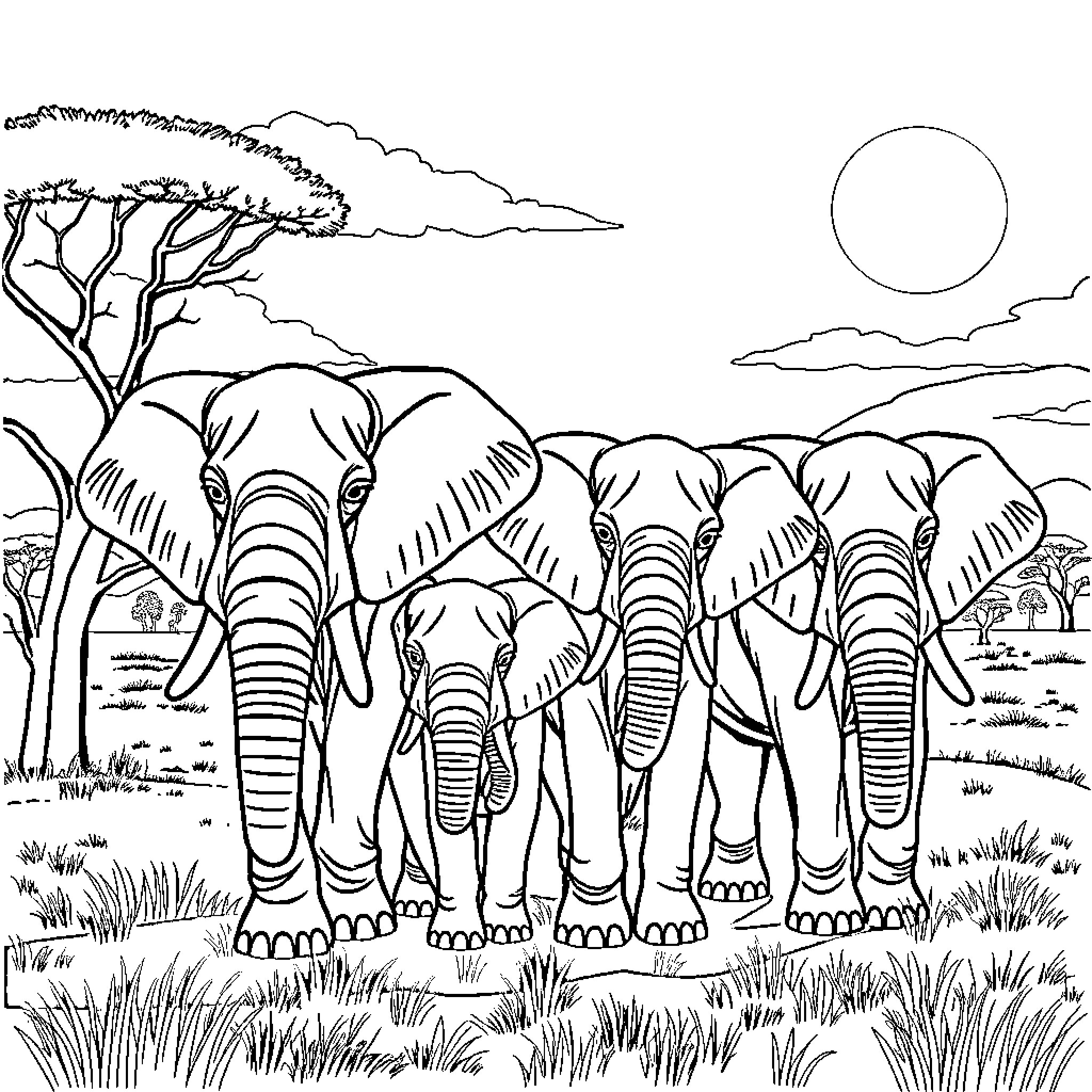 Elephant herd walking through the savanna landscape Coloring Page (free black-and-white line drawing printable PDF for all, from beginners to advanced learners, including children, teens, adults, and seniors)