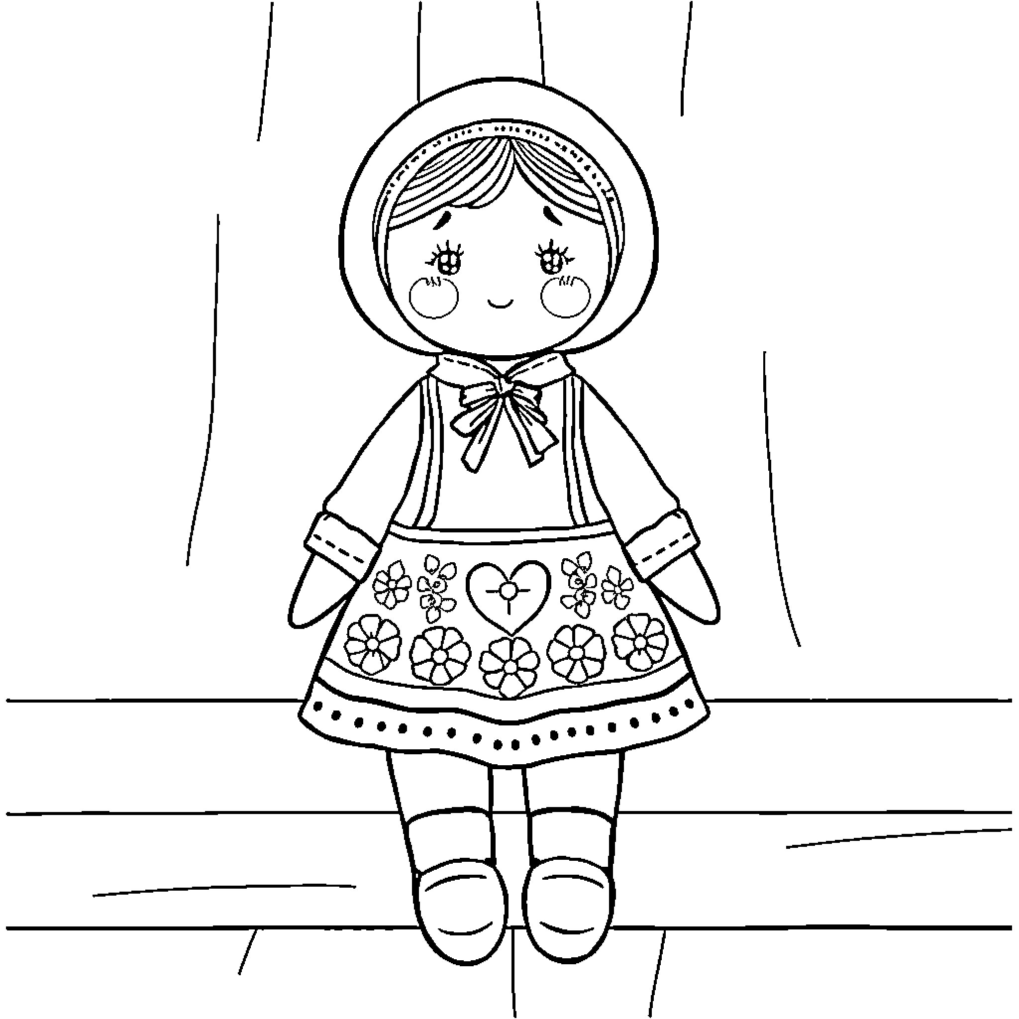 Tuta Doll with Floral Dress and Bow Headpiece Coloring Page (free black-and-white line drawing printable PDF for all, from beginners to advanced learners, including children, teens, adults, and seniors)