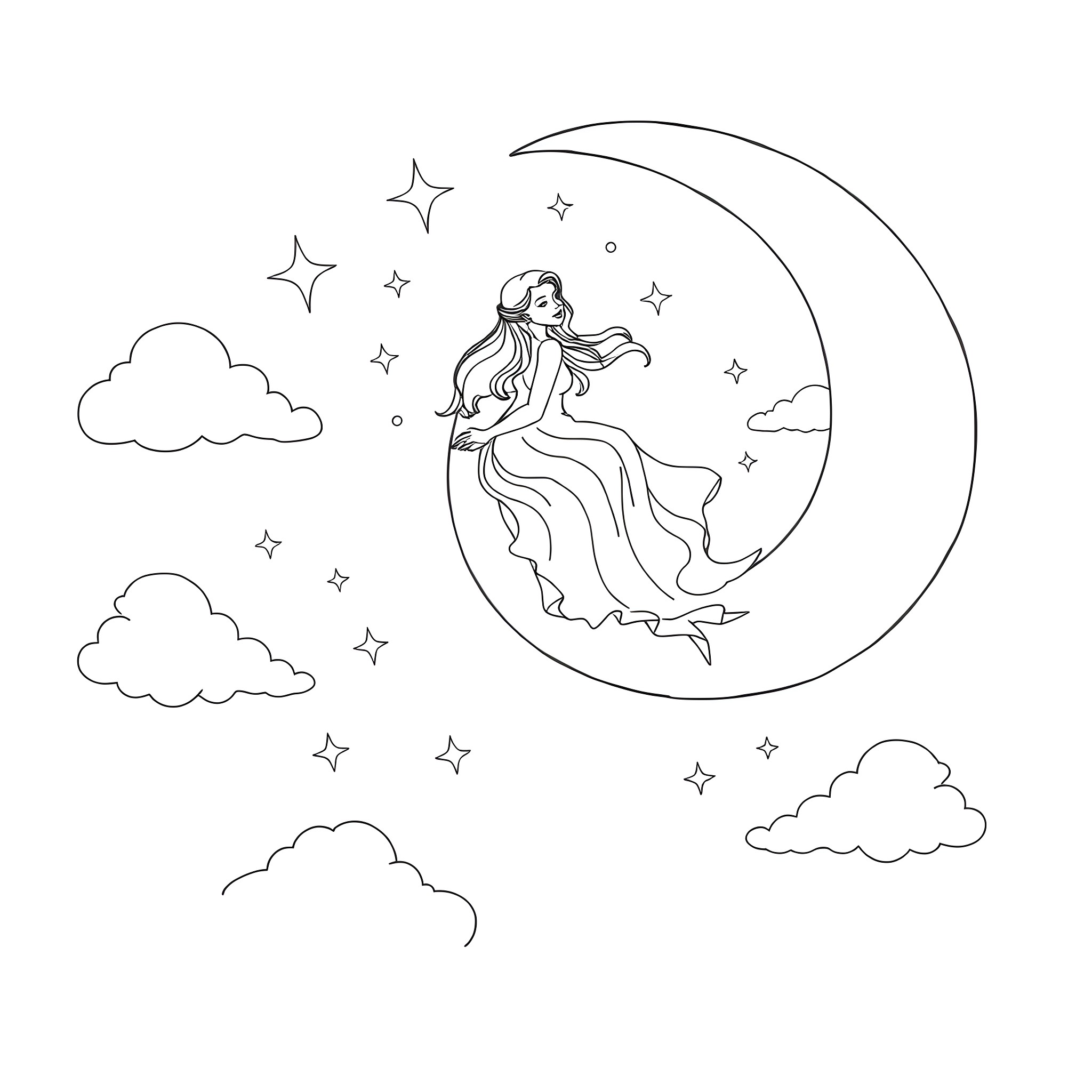 Annika Sekhon's whimsical dance under the starry night sky Coloring Page (free black-and-white line drawing printable PDF for all, from beginners to advanced learners, including children, teens, adults, and seniors)