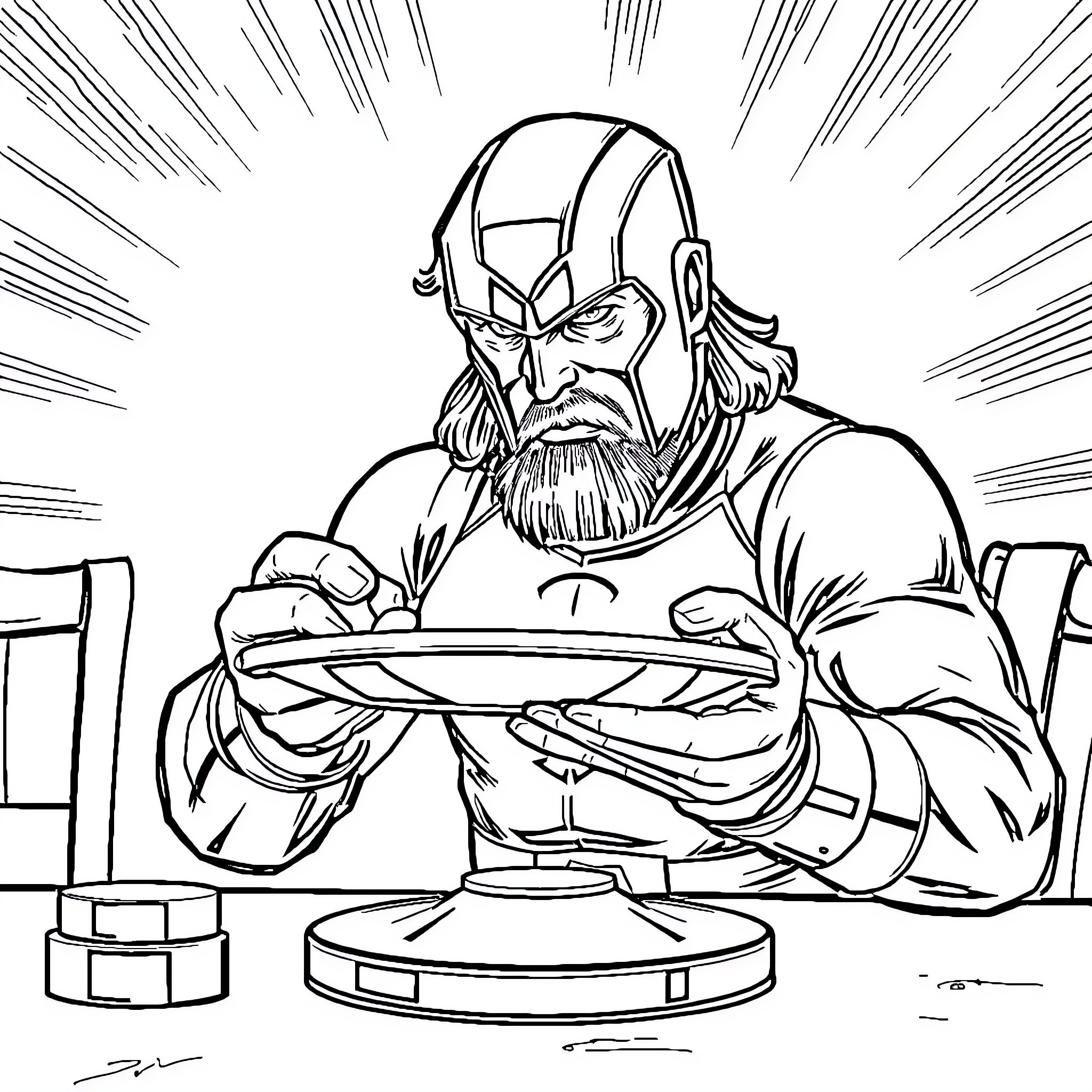Magneto Examining a Powerful Device with Intensity Coloring Page (free black-and-white line drawing printable PDF for all, from beginners to advanced learners, including children, teens, adults, and seniors)