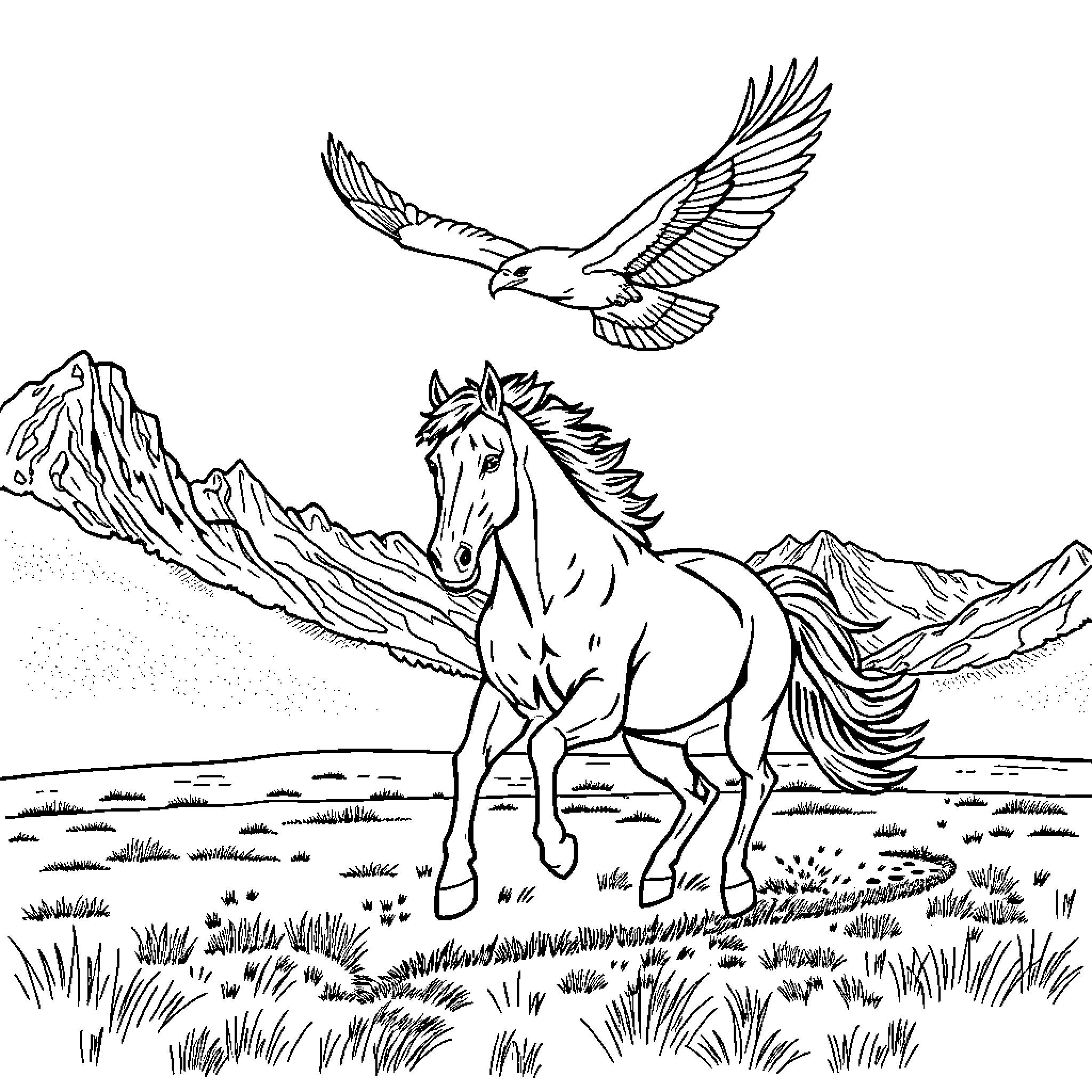 Horse running freely in the mountains with a soaring eagle Coloring Page (free black-and-white line drawing printable PDF for all, from beginners to advanced learners, including children, teens, adults, and seniors)