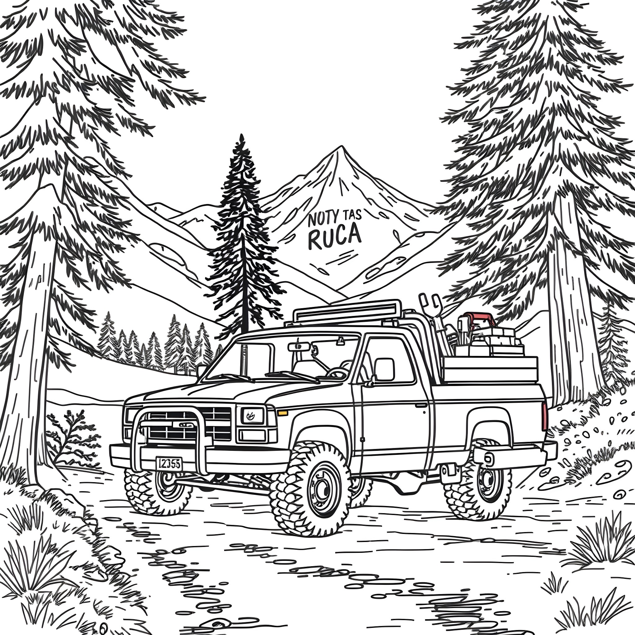 Pick Up Truck Going on an Adventure in the Mountains Coloring Page (free black-and-white line drawing printable PDF for all, from beginners to advanced learners, including children, teens, adults, and seniors)
