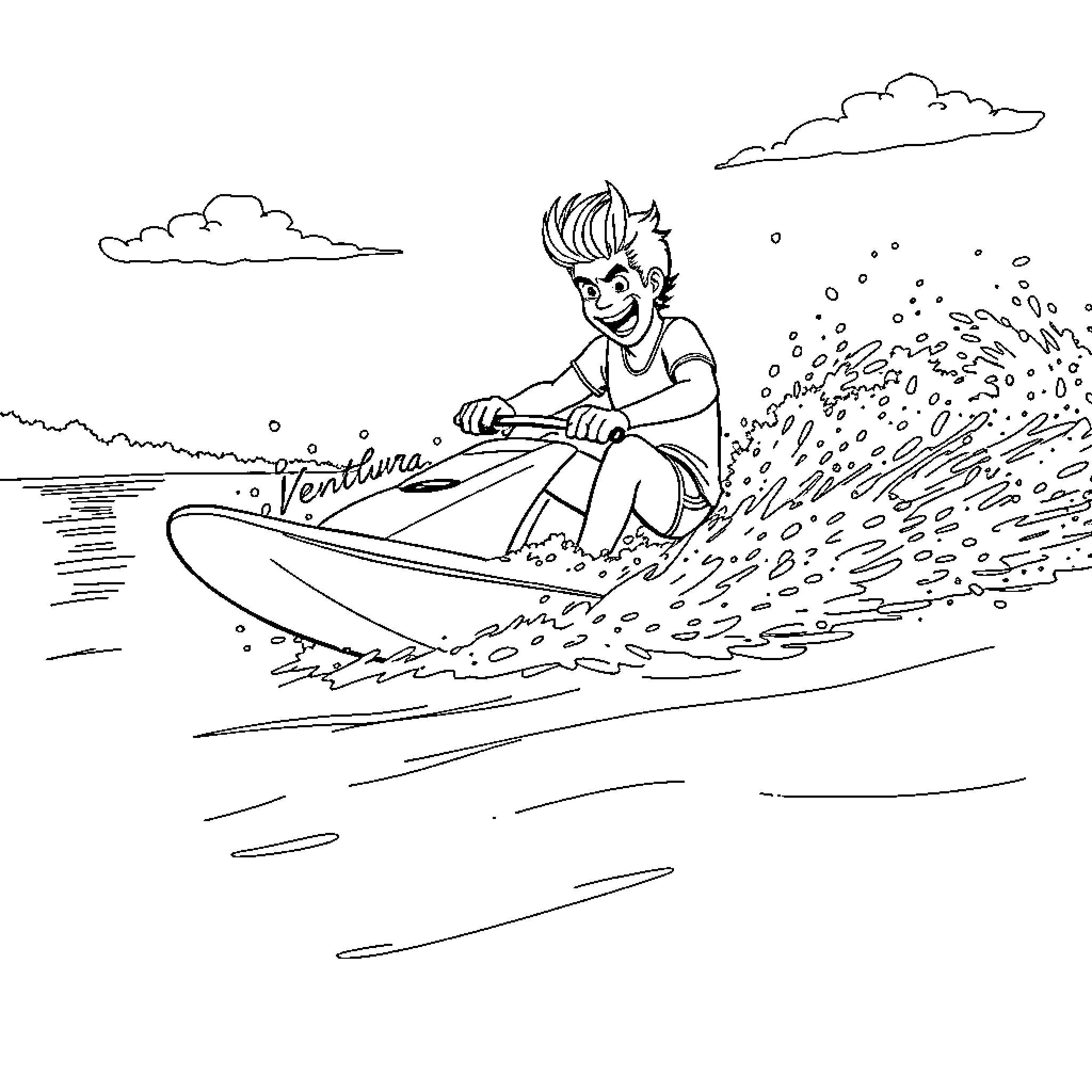 Ace Ventura having fun jet skiing on the water Coloring Page (free black-and-white line drawing printable PDF for all, from beginners to advanced learners, including children, teens, adults, and seniors)