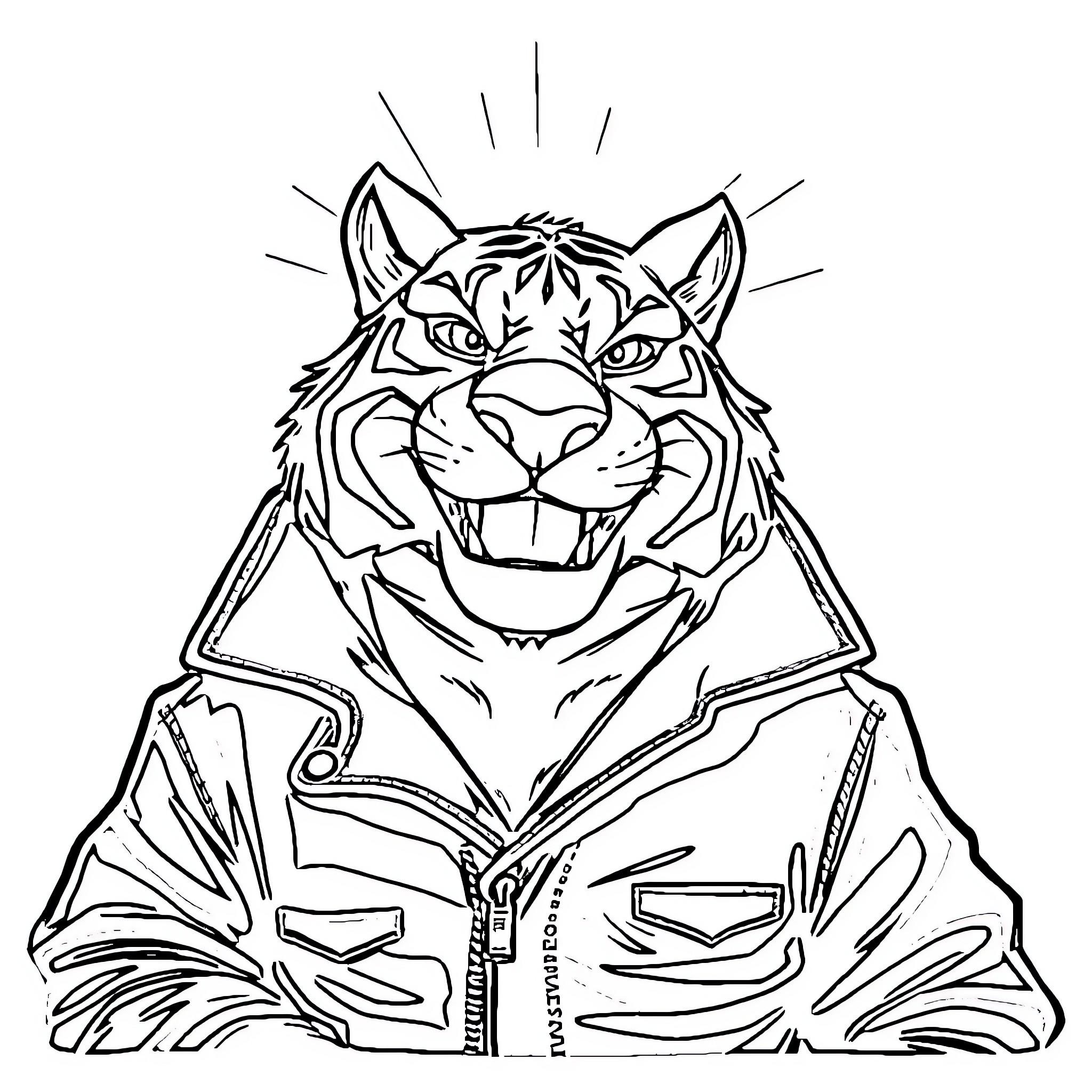 Tigrou the Fierce Tiger in Dashing Attire Coloring Page (free black-and-white line drawing printable PDF for all, from beginners to advanced learners, including children, teens, adults, and seniors)