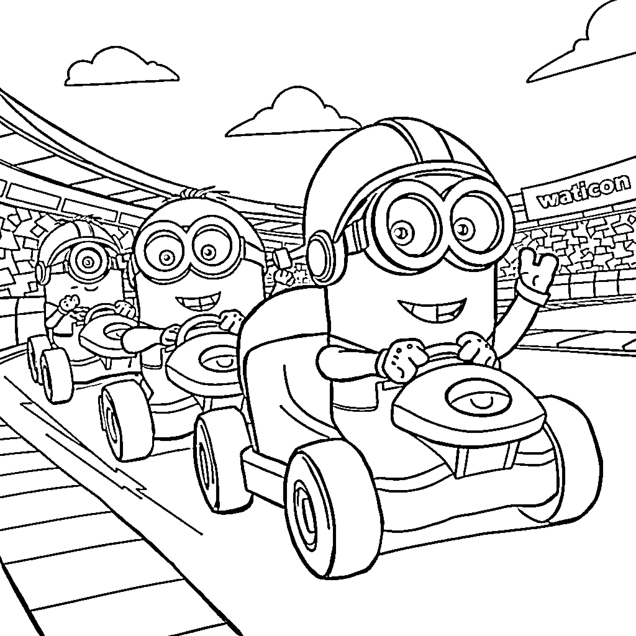 Minions driving fun vehicles through a busy street Coloring Page (free black-and-white line drawing printable PDF for all, from beginners to advanced learners, including children, teens, adults, and seniors)