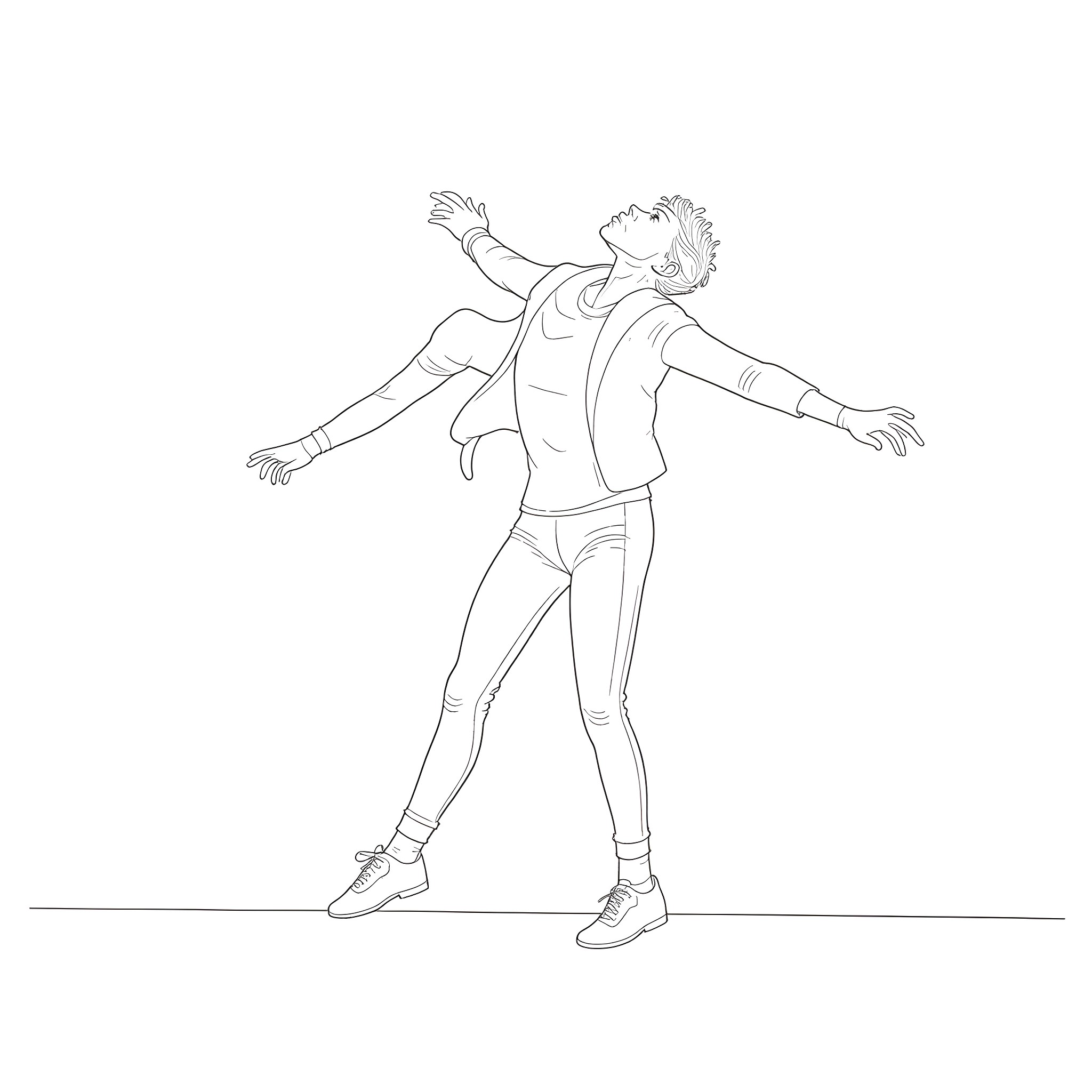 Tap Dancer Performing with Energetic Movements Coloring Page (free black-and-white line drawing printable PDF for all, from beginners to advanced learners, including children, teens, adults, and seniors)