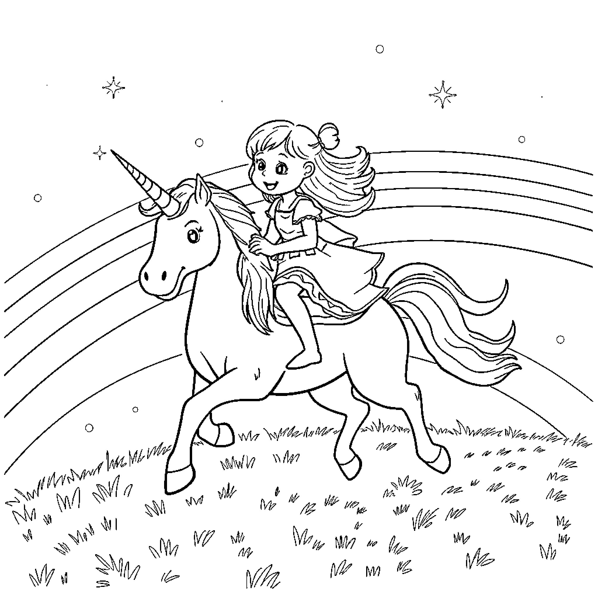 Unicorn Rider Galloping Through Starry Night Coloring Page (free black-and-white line drawing printable PDF for all, from beginners to advanced learners, including children, teens, adults, and seniors)