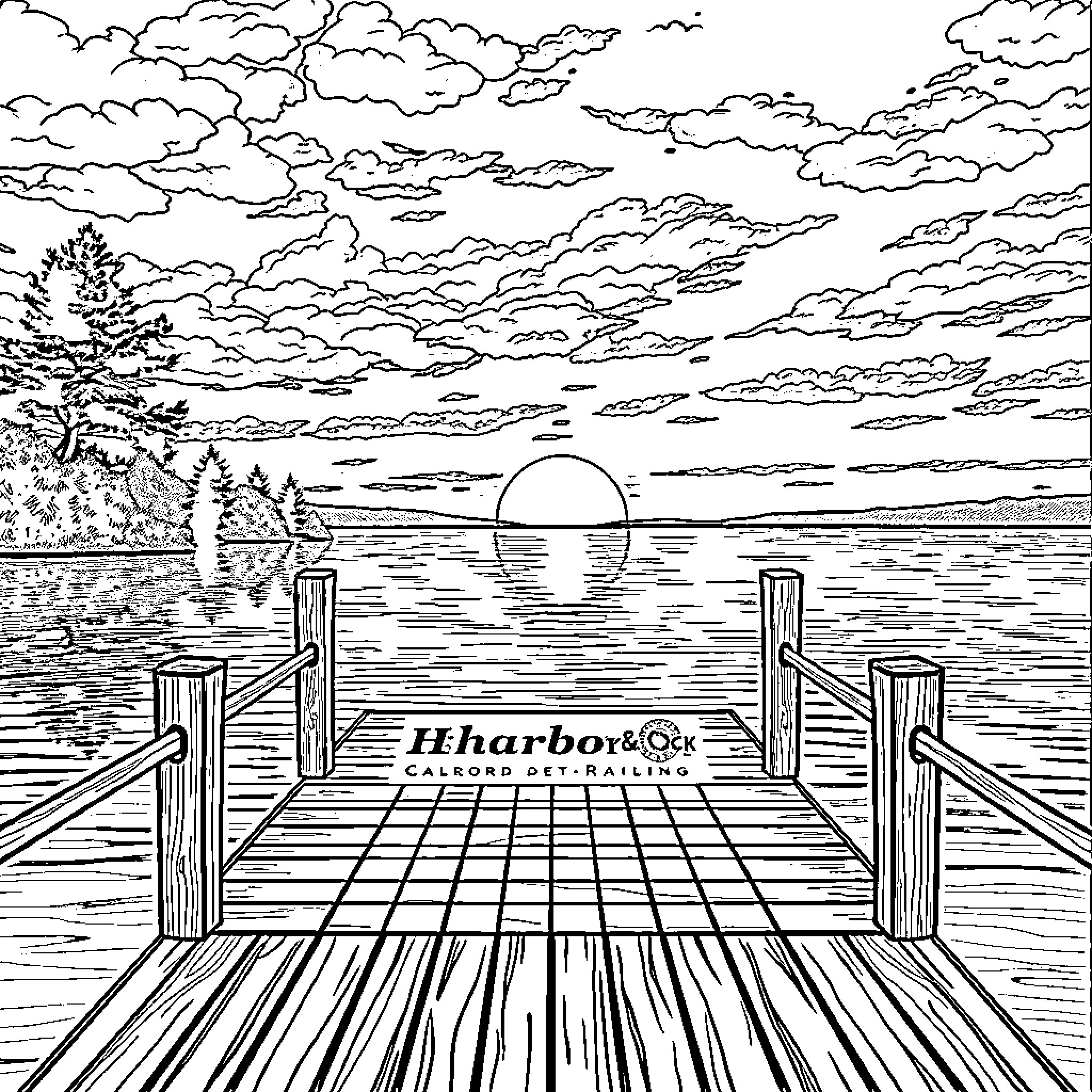 Sunset at the Harbor Dock Coloring Page (free black-and-white line drawing printable PDF for all, from beginners to advanced learners, including children, teens, adults, and seniors)