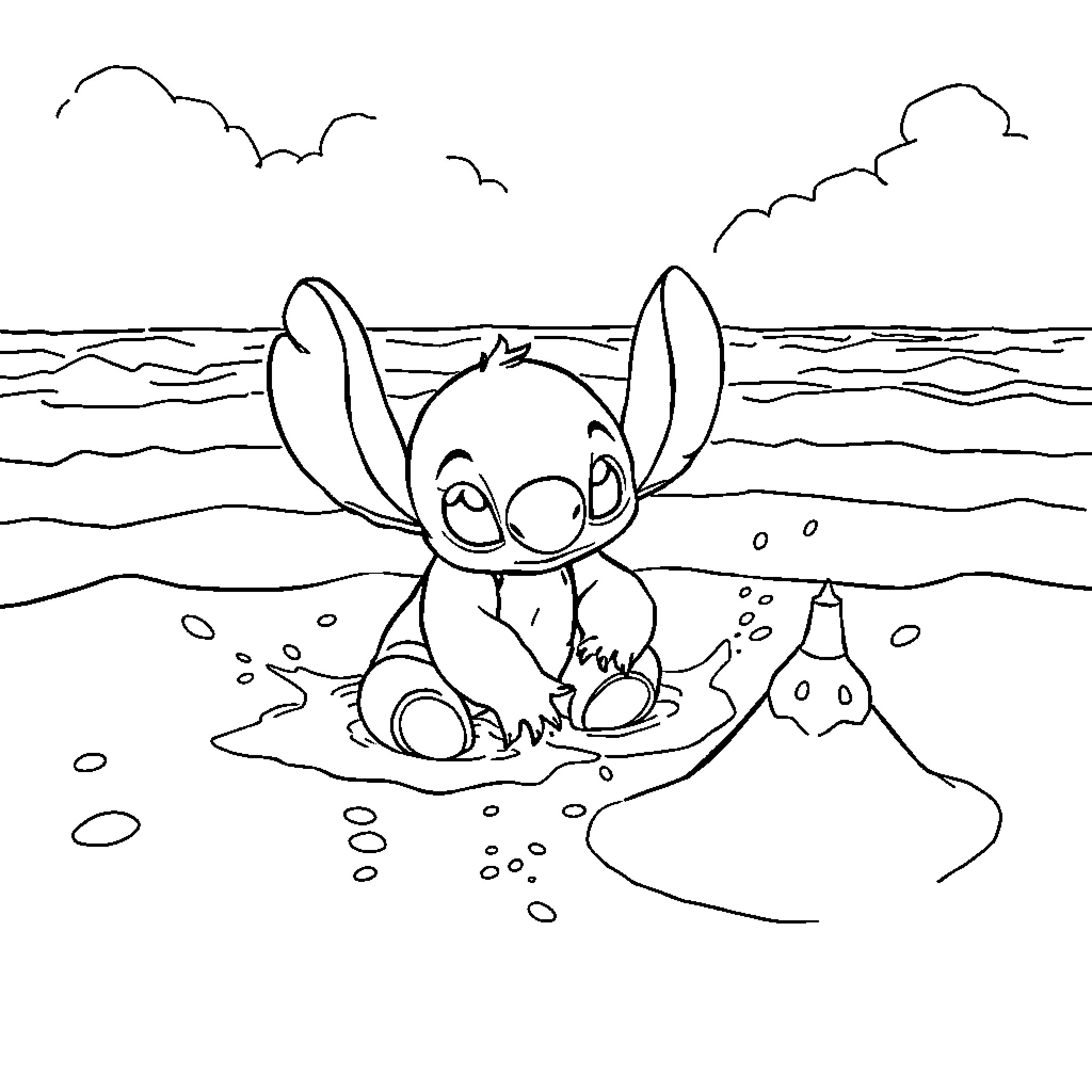 Stitch playing by the ocean shore Coloring Page (free black-and-white line drawing printable PDF for all, from beginners to advanced learners, including children, teens, adults, and seniors)