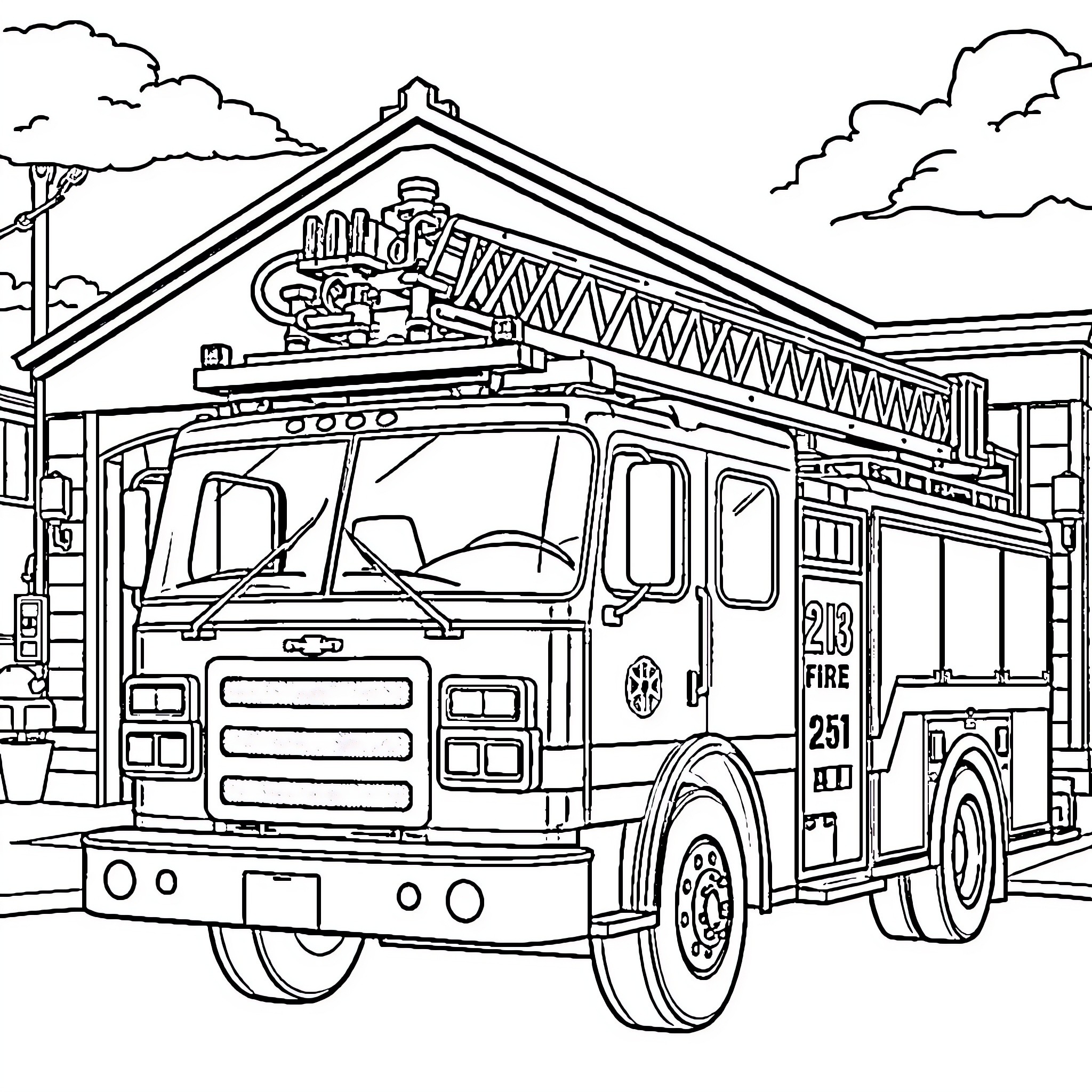 Firefighter Truck Responding to Emergency Call Coloring Page (free black-and-white line drawing printable PDF for all, from beginners to advanced learners, including children, teens, adults, and seniors)