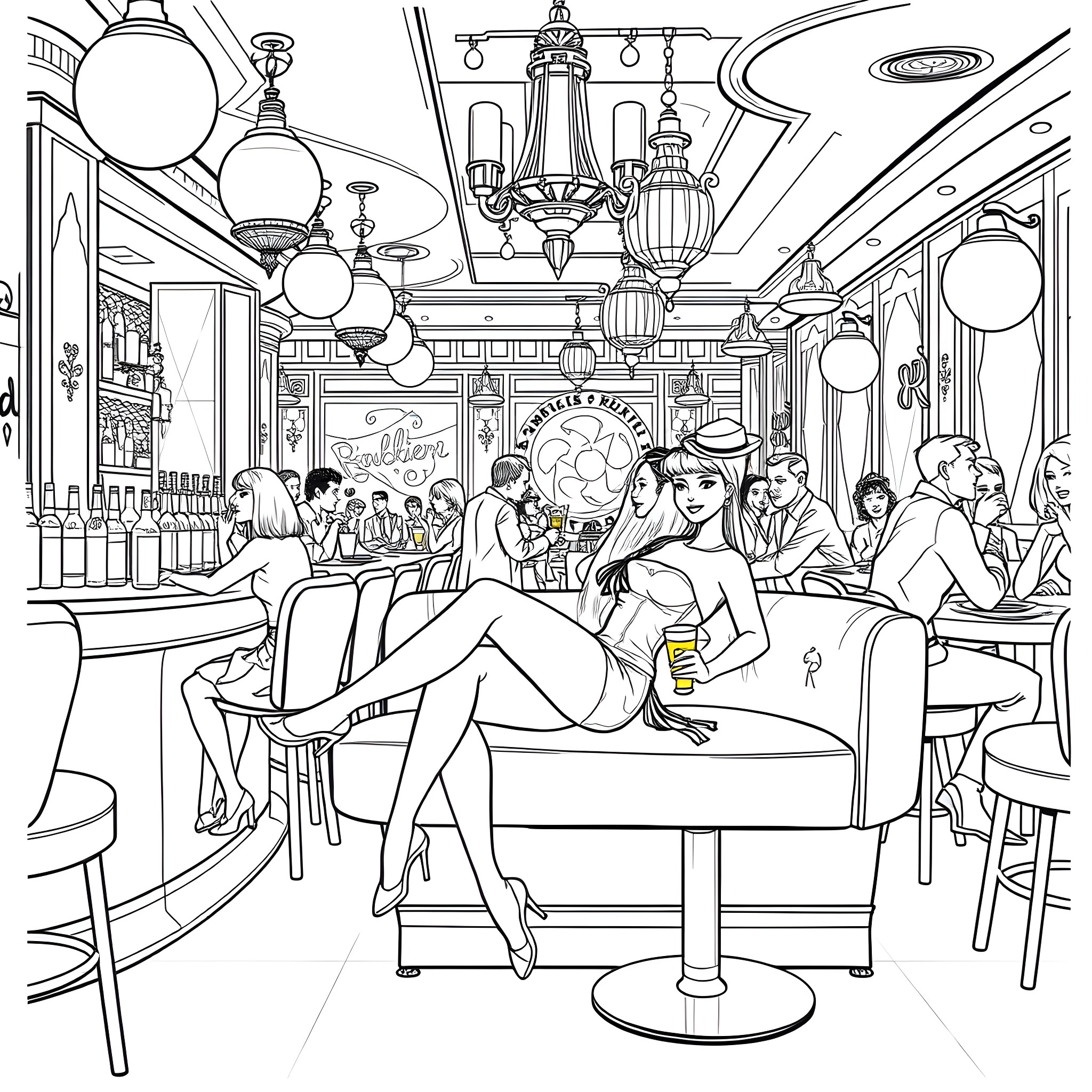 Barbie's Night Out at the Glamorous Cafe Coloring Page (free black-and-white line drawing printable PDF for all, from beginners to advanced learners, including children, teens, adults, and seniors)