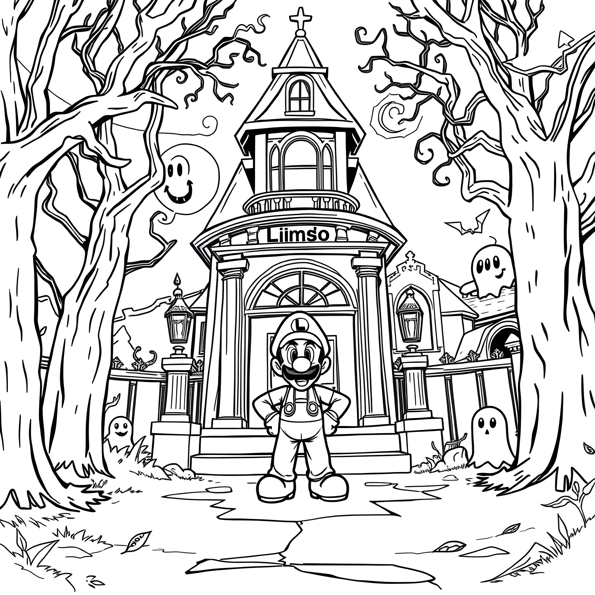 Luigi explores a spooky haunted mansion in the woods Coloring Page (free black-and-white line drawing printable PDF for all, from beginners to advanced learners, including children, teens, adults, and seniors)