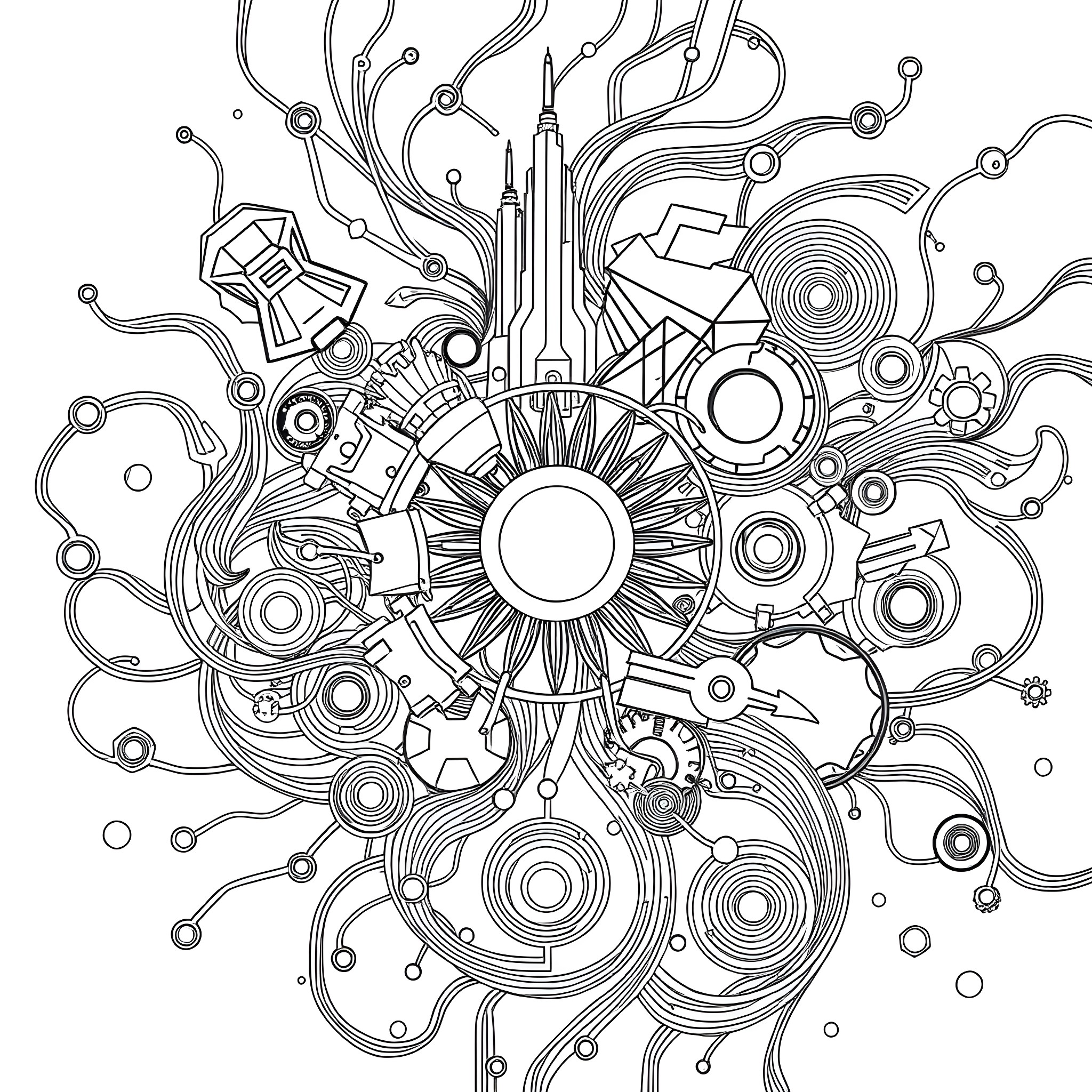 Pattern of Futuristic Shapes and Designs Coloring Page (free black-and-white line drawing printable PDF for all, from beginners to advanced learners, including children, teens, adults, and seniors)