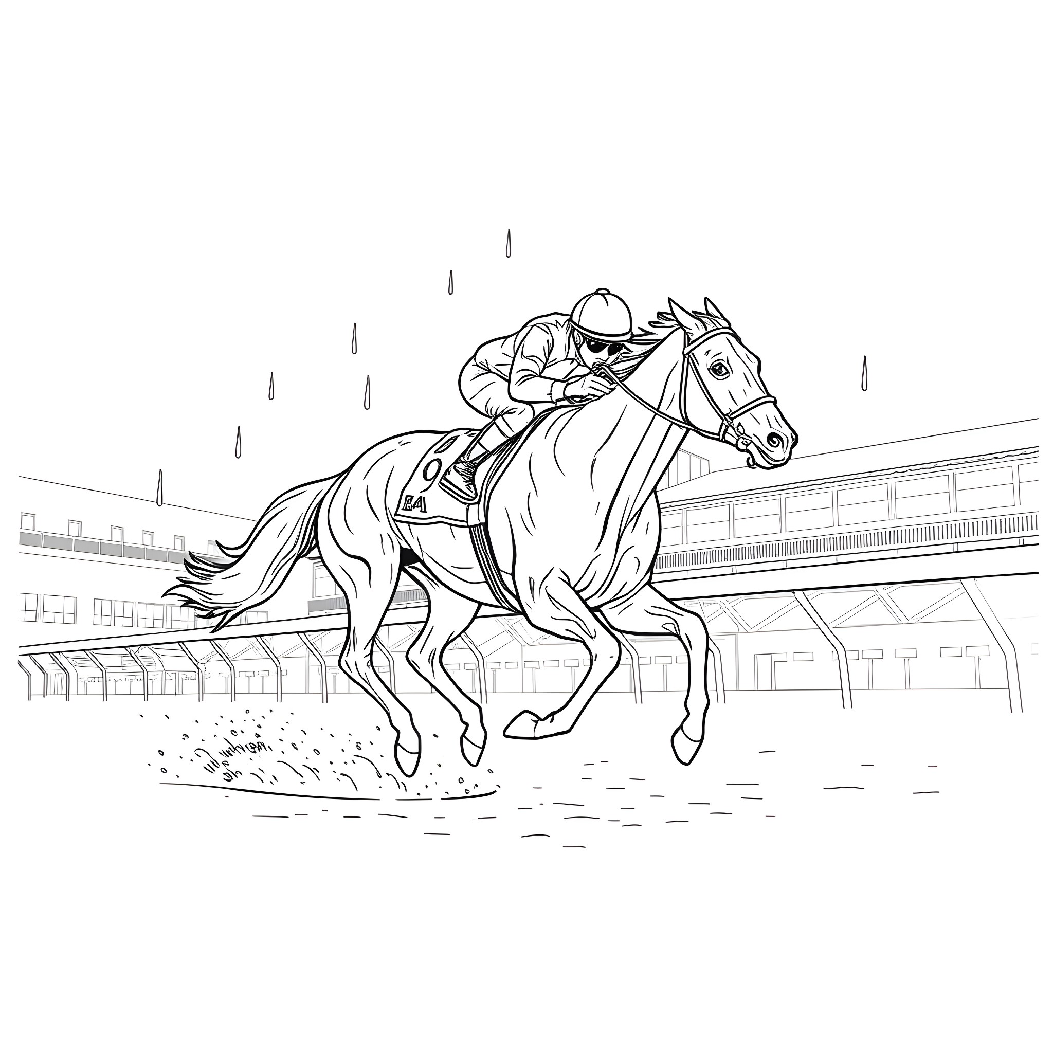 Racehorse and jockey racing on the track Coloring Page (free black-and-white line drawing printable PDF for all, from beginners to advanced learners, including children, teens, adults, and seniors)