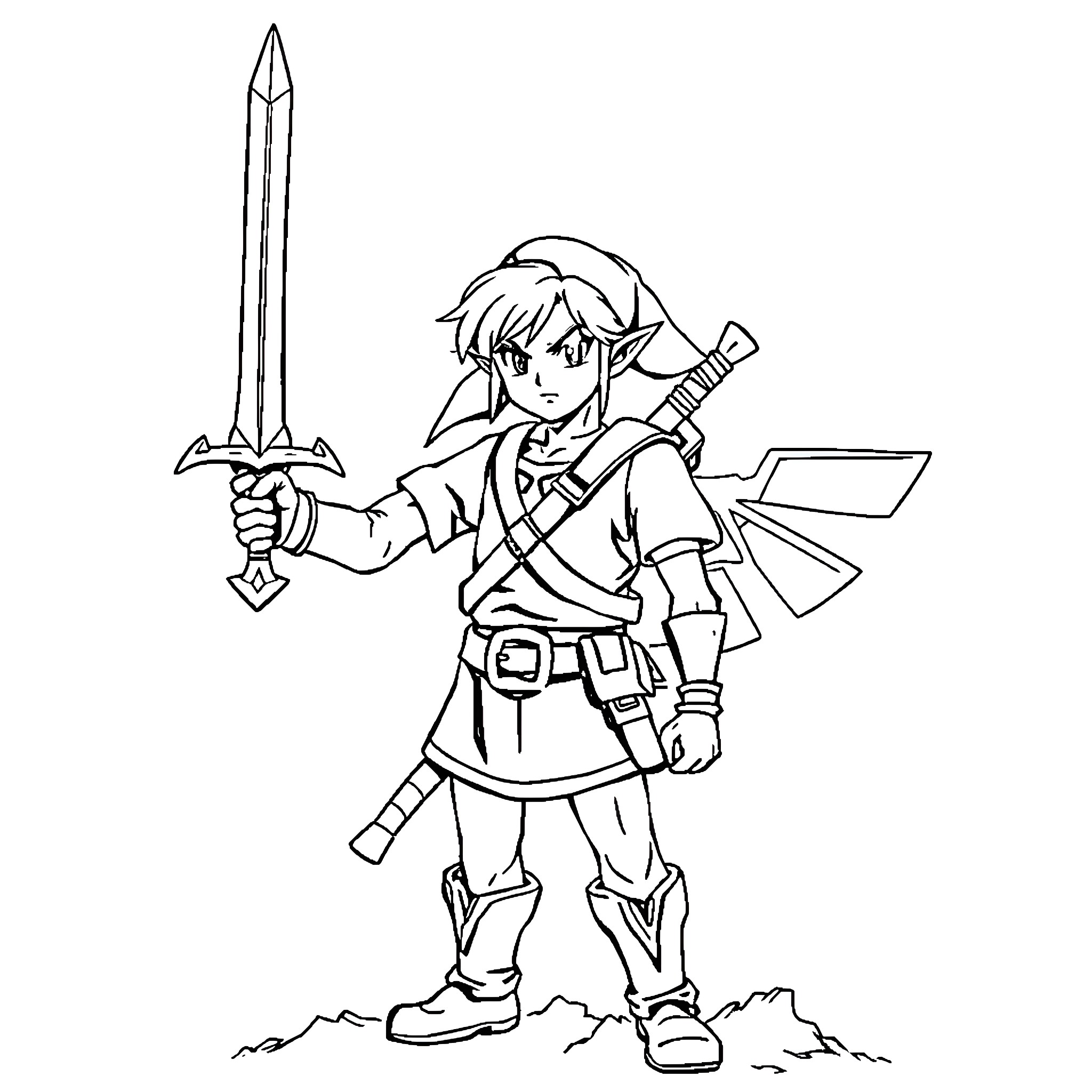 Link on an Adventure with Sword and Shield Coloring Page (free black-and-white line drawing printable PDF for all, from beginners to advanced learners, including children, teens, adults, and seniors)