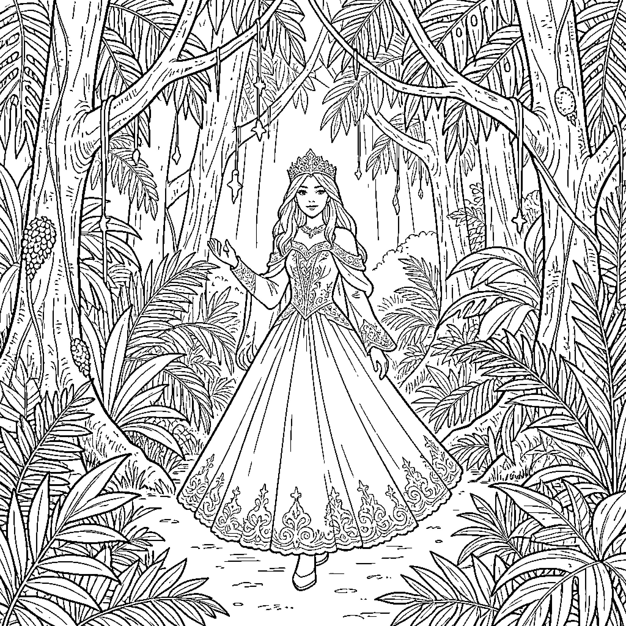 Frozen Queen walking gracefully through a lush forest Coloring Page (free black-and-white line drawing printable PDF for all, from beginners to advanced learners, including children, teens, adults, and seniors)