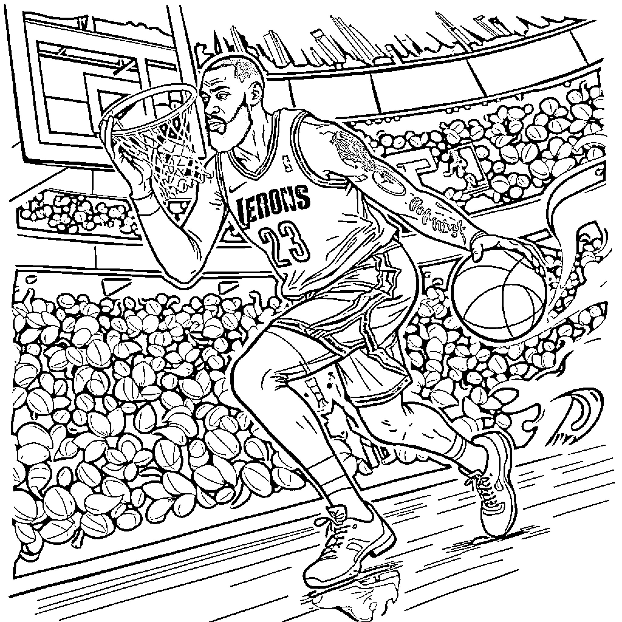 LeBron's Iconic Basketball Moment Coloring Page (free black-and-white line drawing printable PDF for all, from beginners to advanced learners, including children, teens, adults, and seniors)