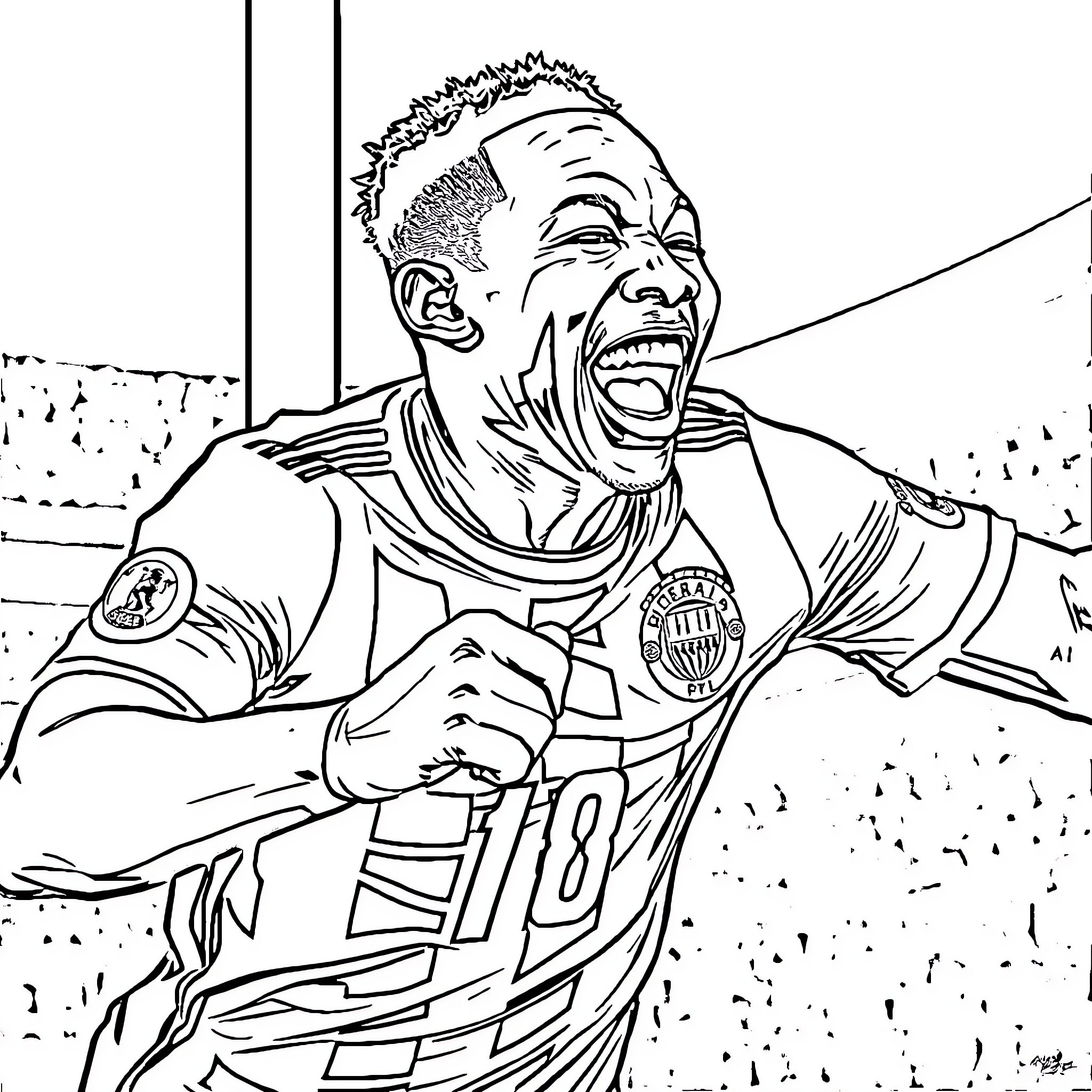 Mbappe's Energetic Celebration Coloring Page (free black-and-white line drawing printable PDF for all, from beginners to advanced learners, including children, teens, adults, and seniors)
