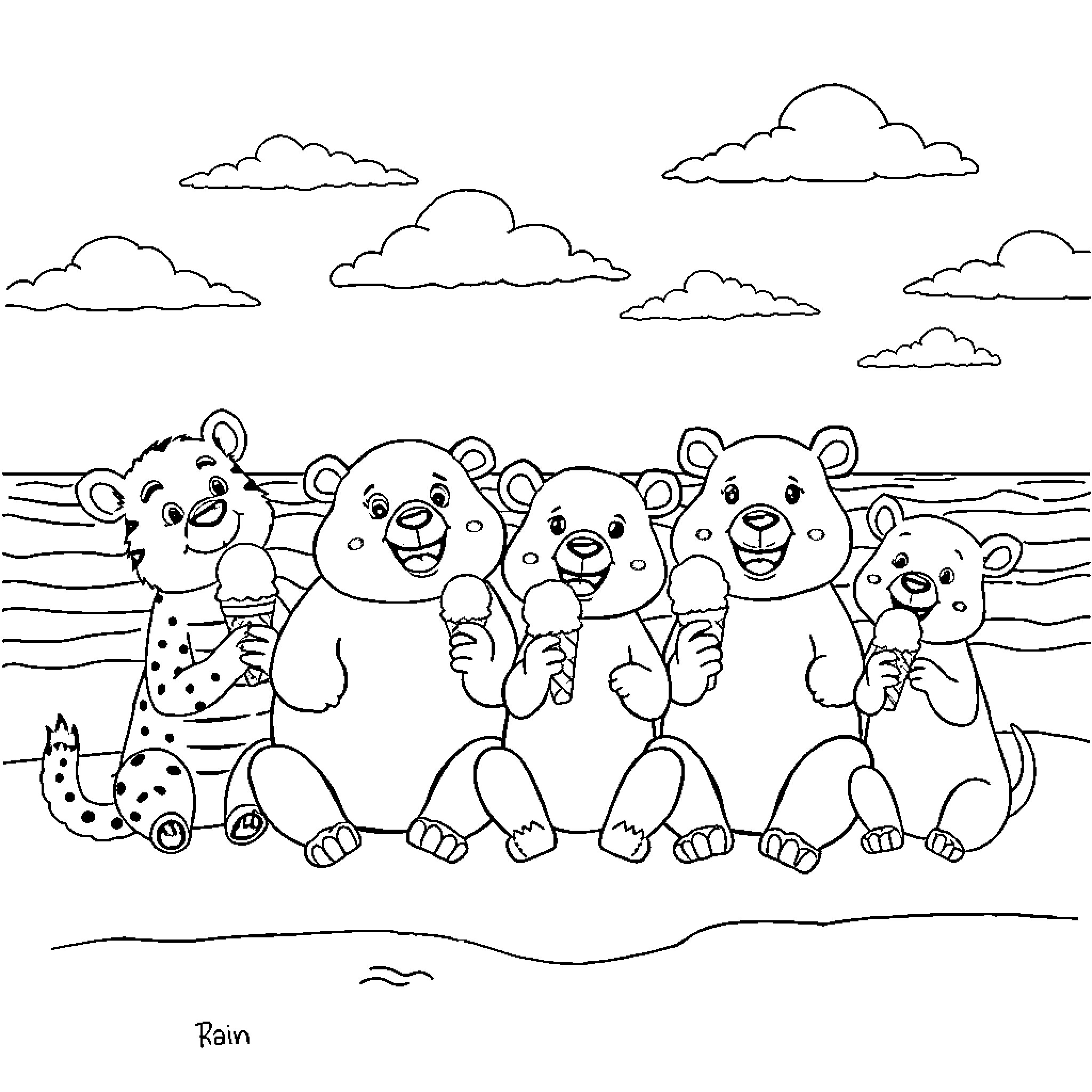 Animal friends playing on the beach Coloring Page (free black-and-white line drawing printable PDF for all, from beginners to advanced learners, including children, teens, adults, and seniors)