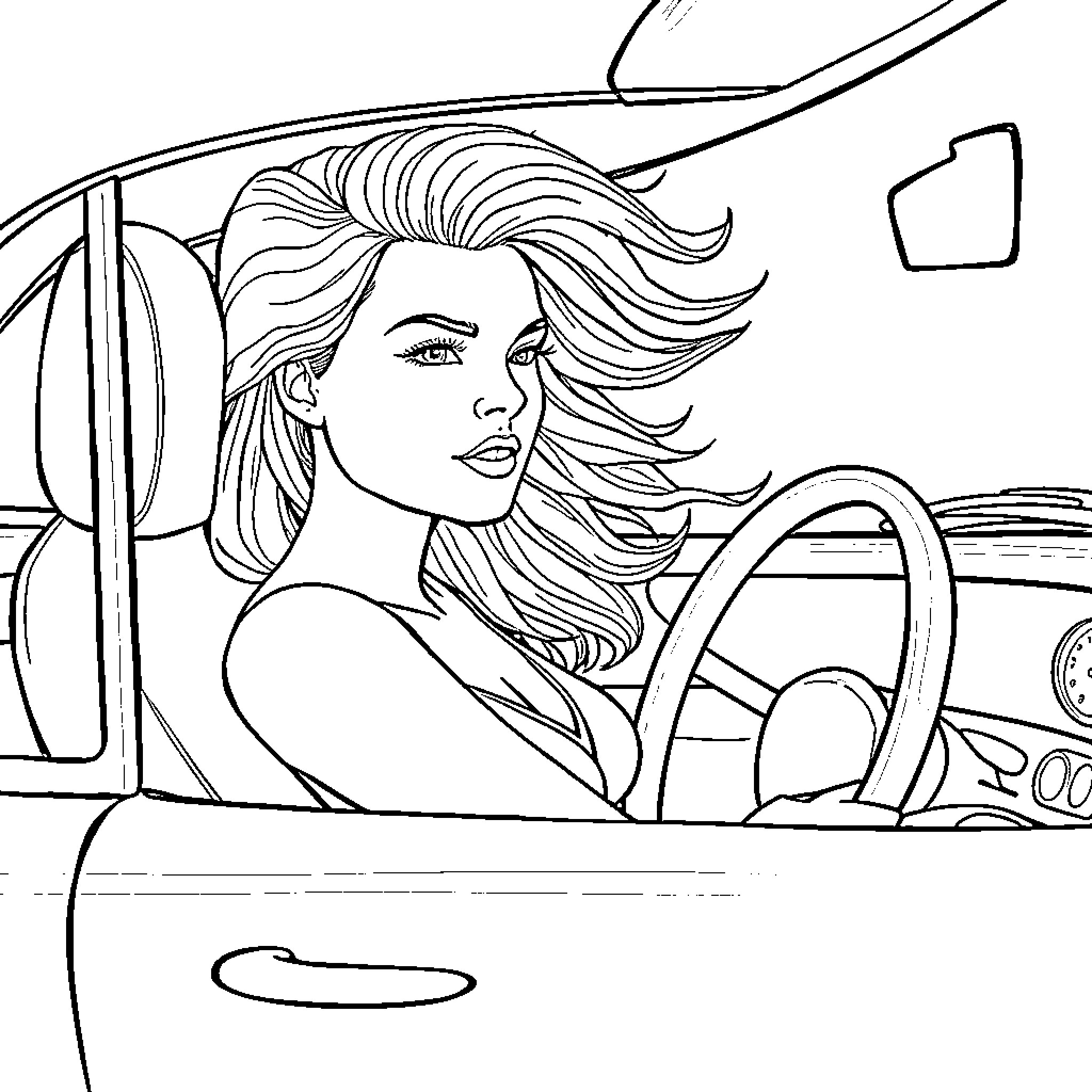 Stela in the Driver's Seat Coloring Page (free black-and-white line drawing printable PDF for all, from beginners to advanced learners, including children, teens, adults, and seniors)