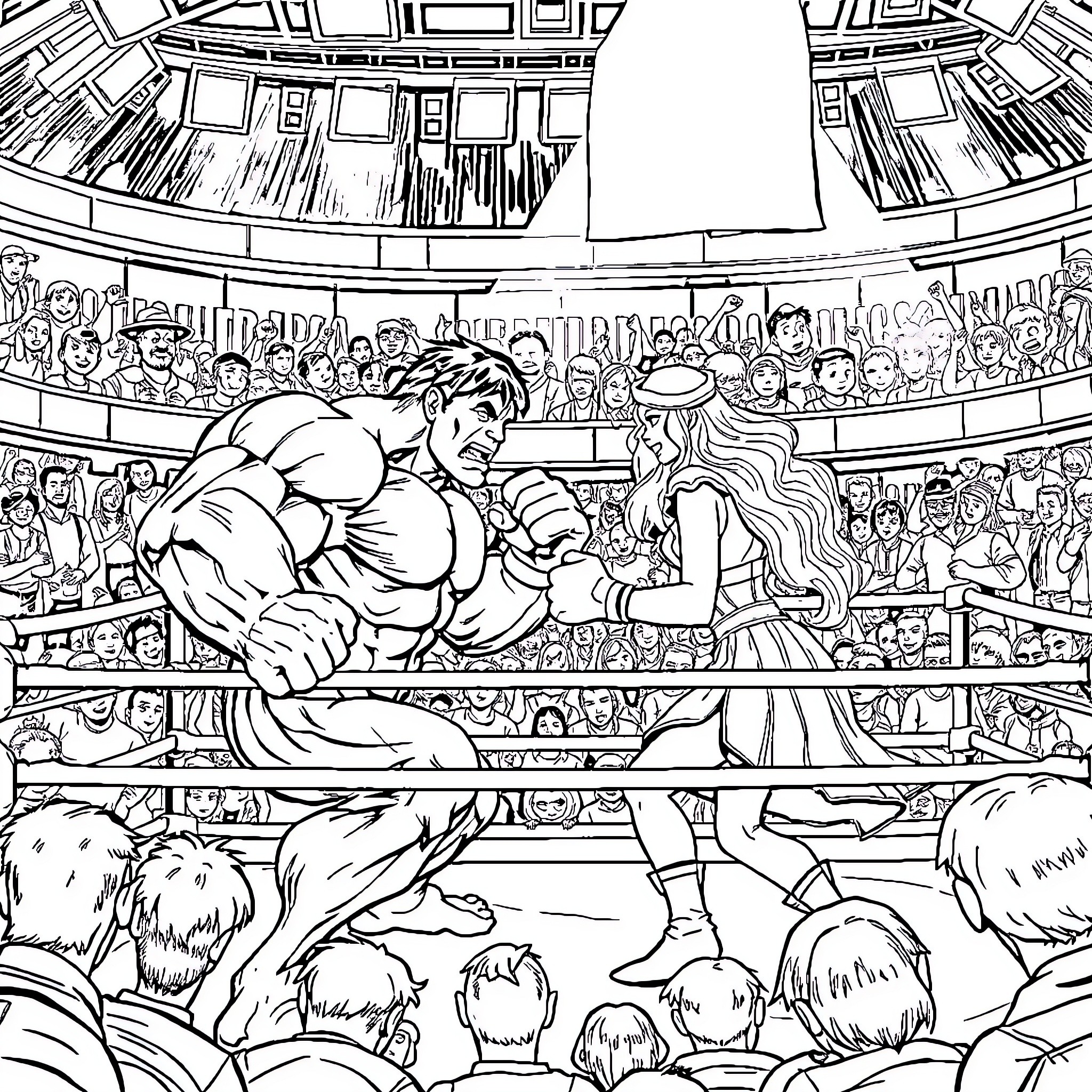 Hulk wrestling in a crowded arena Coloring Page (free black-and-white line drawing printable PDF for all, from beginners to advanced learners, including children, teens, adults, and seniors)