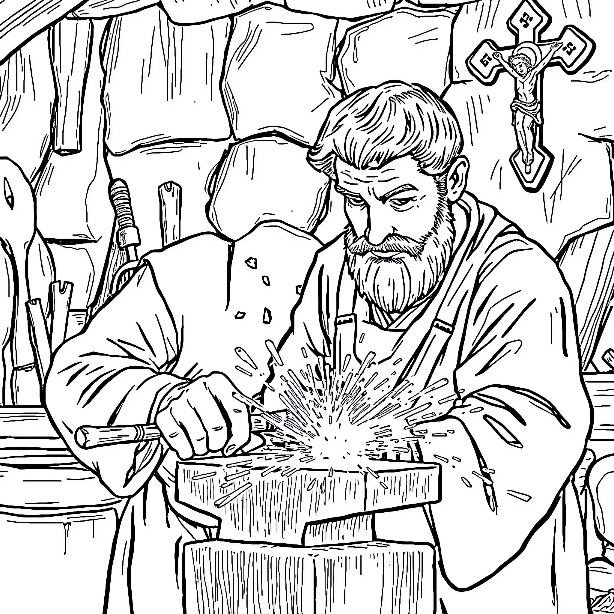 Balian crafting tools with concentration Coloring Page (free black-and-white line drawing printable PDF for all, from beginners to advanced learners, including children, teens, adults, and seniors)