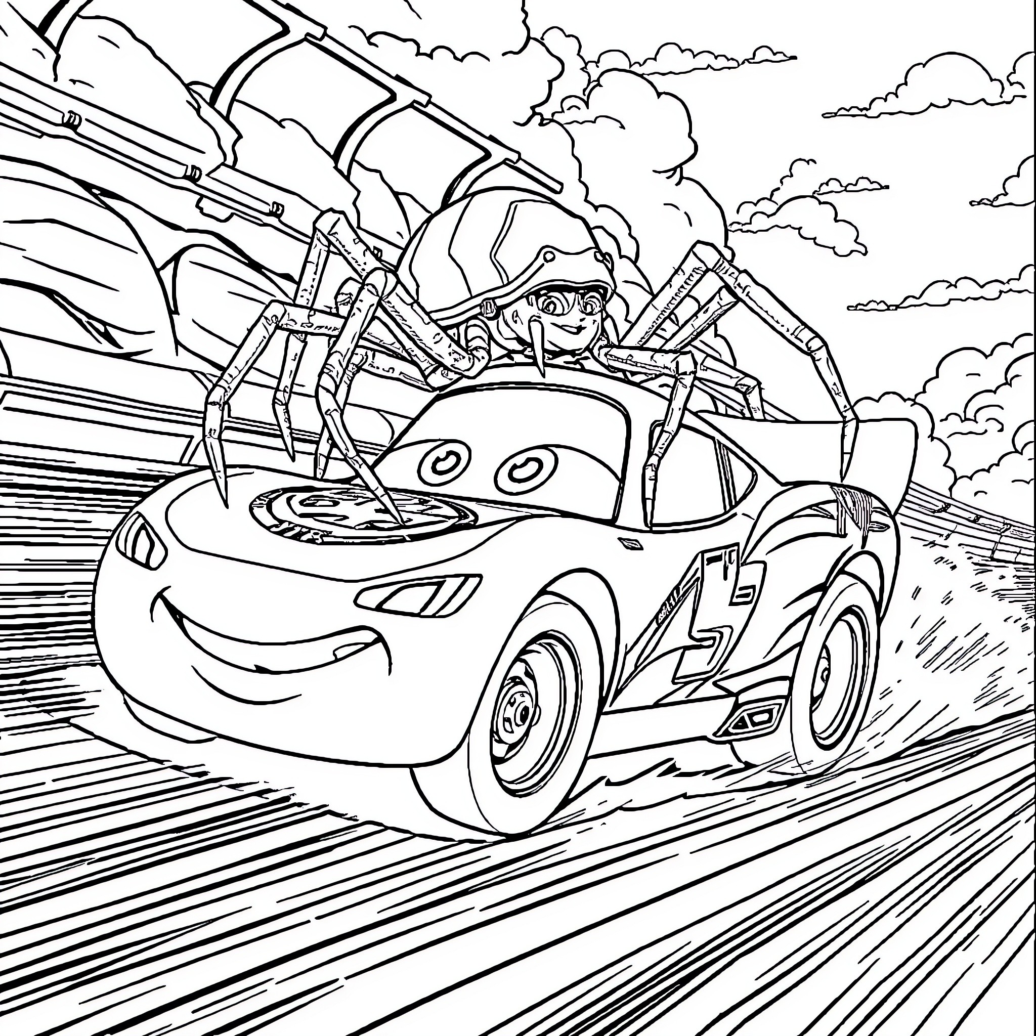 Spider-themed Race Car Chasing Adventure Coloring Page (free black-and-white line drawing printable PDF for all, from beginners to advanced learners, including children, teens, adults, and seniors)