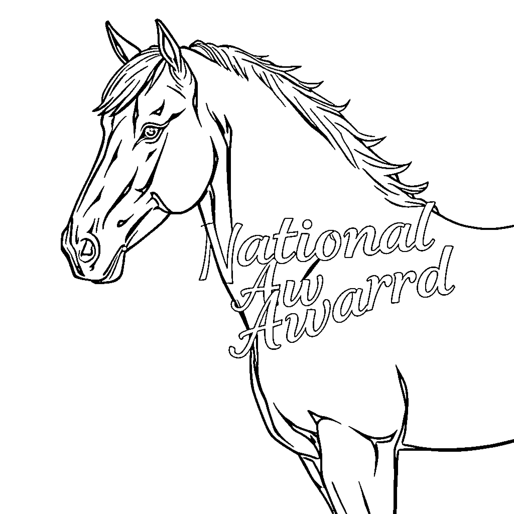 Horse with National Aw award text Coloring Page (free black-and-white line drawing printable PDF for all, from beginners to advanced learners, including children, teens, adults, and seniors)