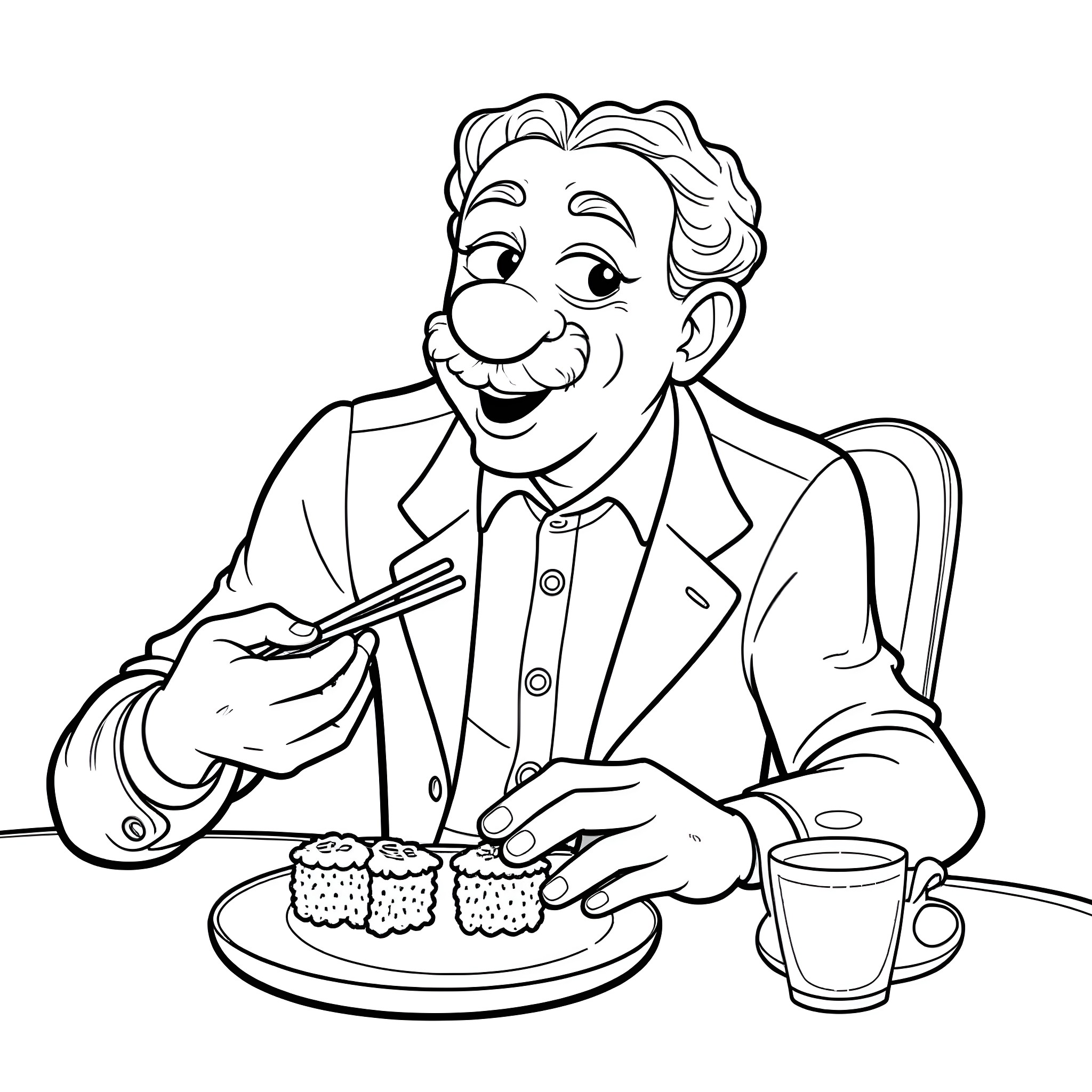 Groucho Marx enjoying sushi and tea Coloring Page (free black-and-white line drawing printable PDF for all, from beginners to advanced learners, including children, teens, adults, and seniors)