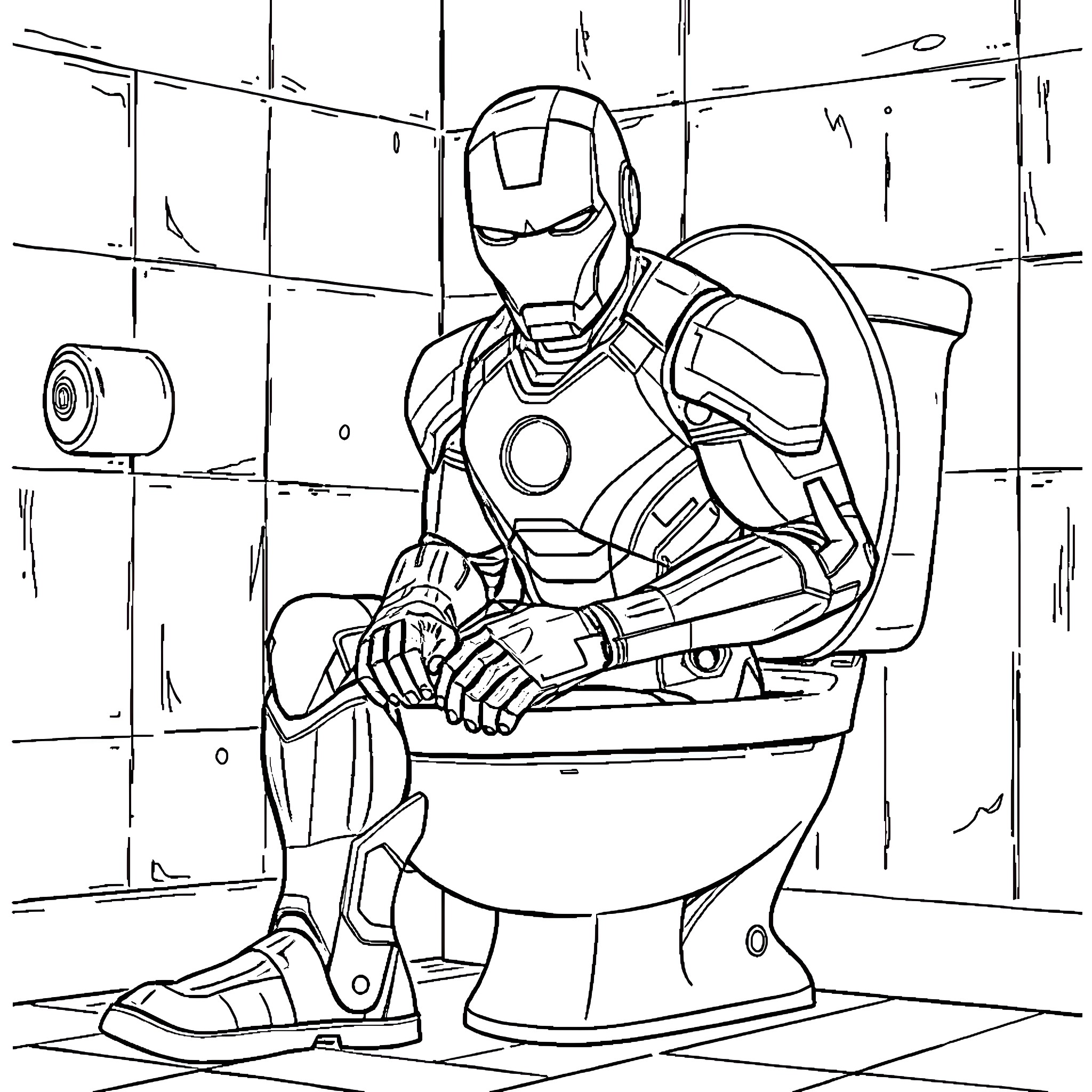 Ironman sitting on the toilet Coloring Page (free black-and-white line drawing printable PDF for all, from beginners to advanced learners, including children, teens, adults, and seniors)