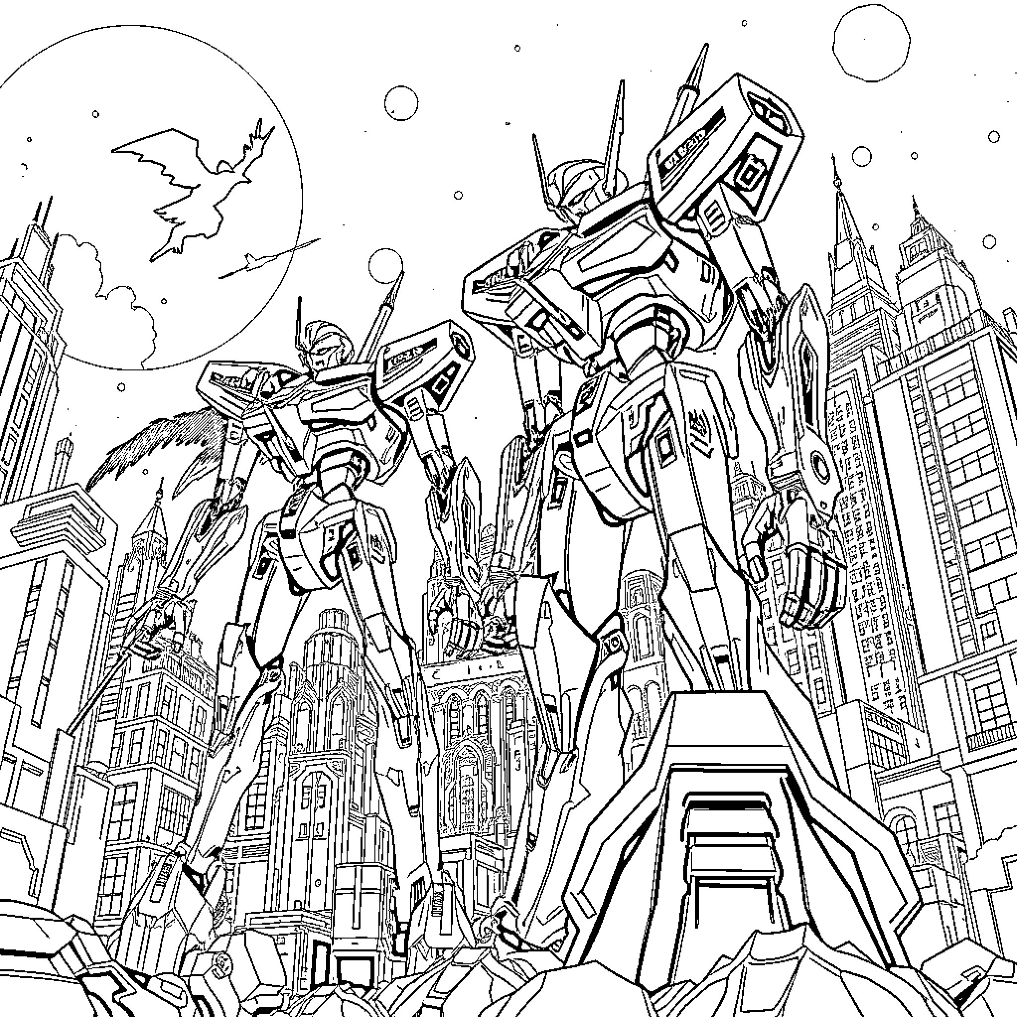 Neon Genesis Evangelion: Colossal Mecha Dominance over Futuristic Cityscape Coloring Page (free black-and-white line drawing printable PDF for all, from beginners to advanced learners, including children, teens, adults, and seniors)