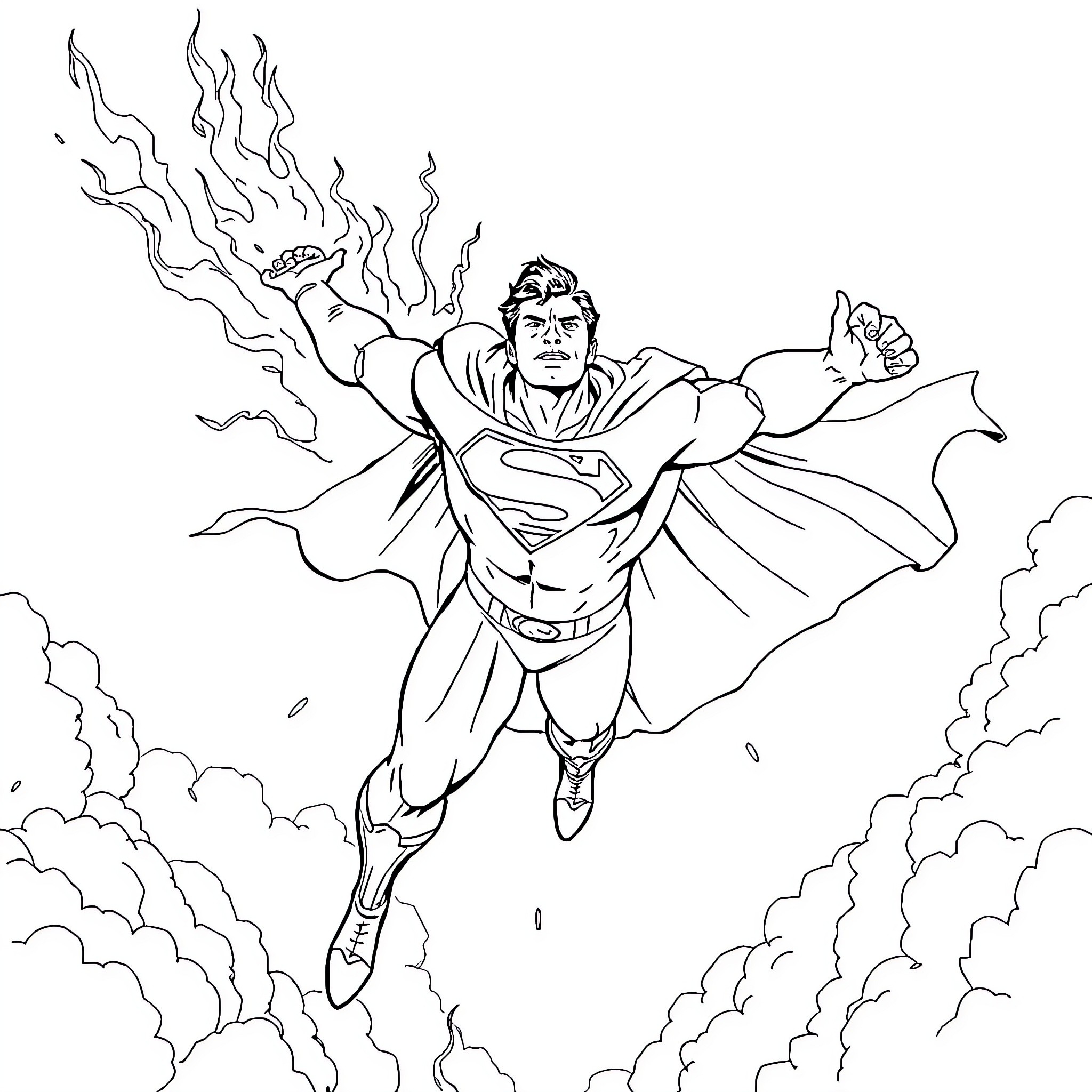 Superman soaring through the clouds in action Coloring Page (free black-and-white line drawing printable PDF for all, from beginners to advanced learners, including children, teens, adults, and seniors)
