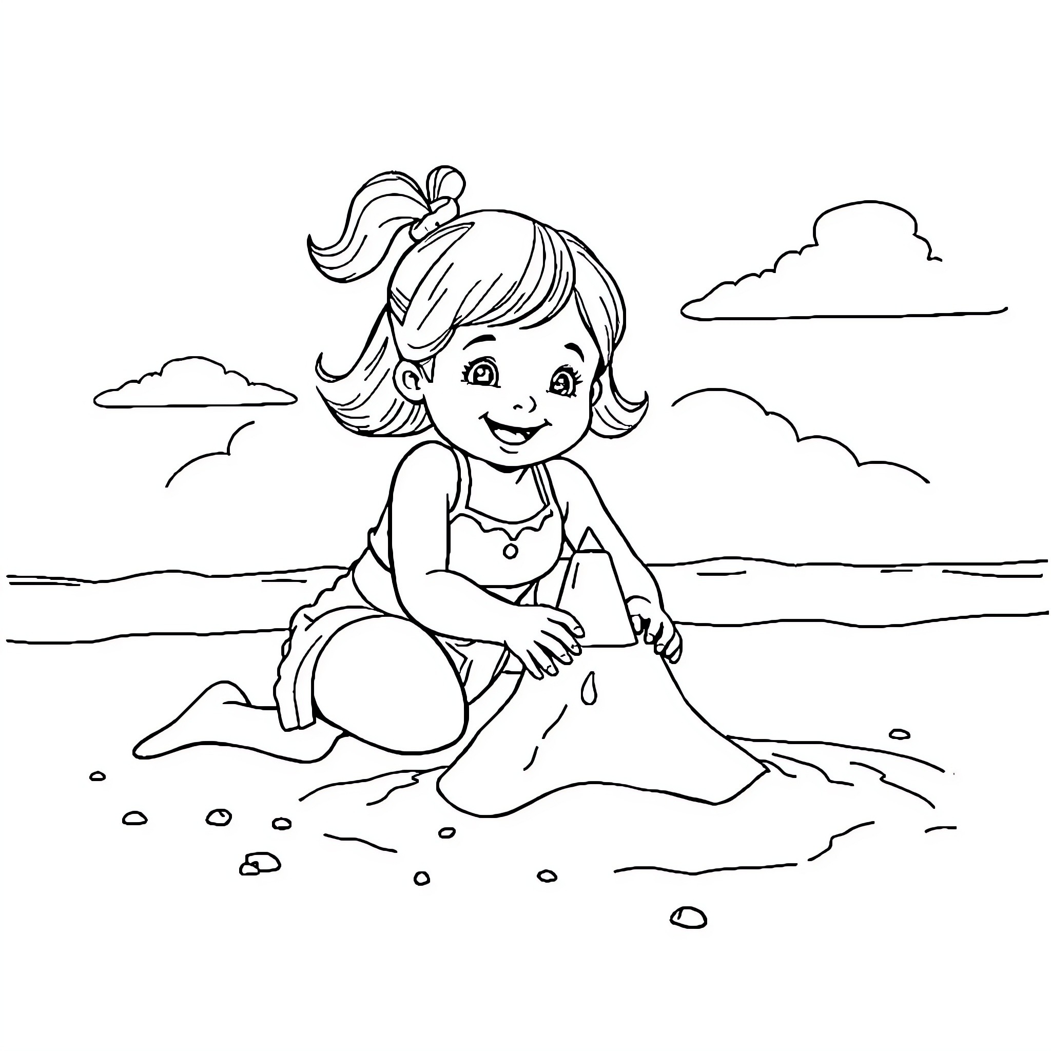 Girl playing happily in the sand Coloring Page (free black-and-white line drawing printable PDF for all, from beginners to advanced learners, including children, teens, adults, and seniors)