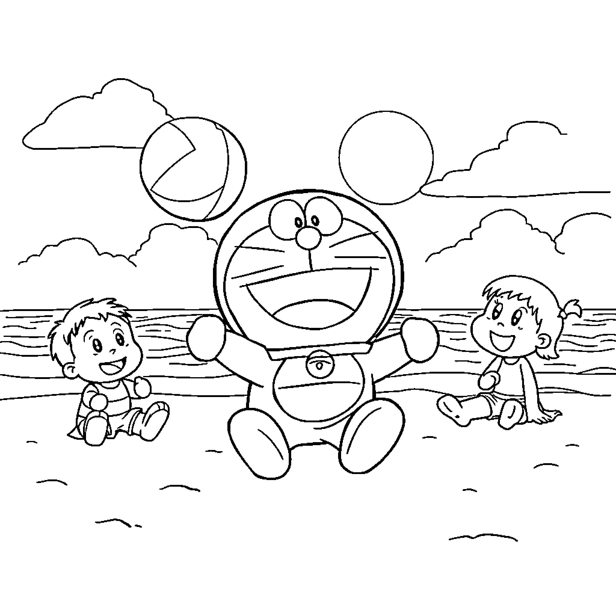 Doraemon playing with children on the beach Coloring Page (free black-and-white line drawing printable PDF for all, from beginners to advanced learners, including children, teens, adults, and seniors)