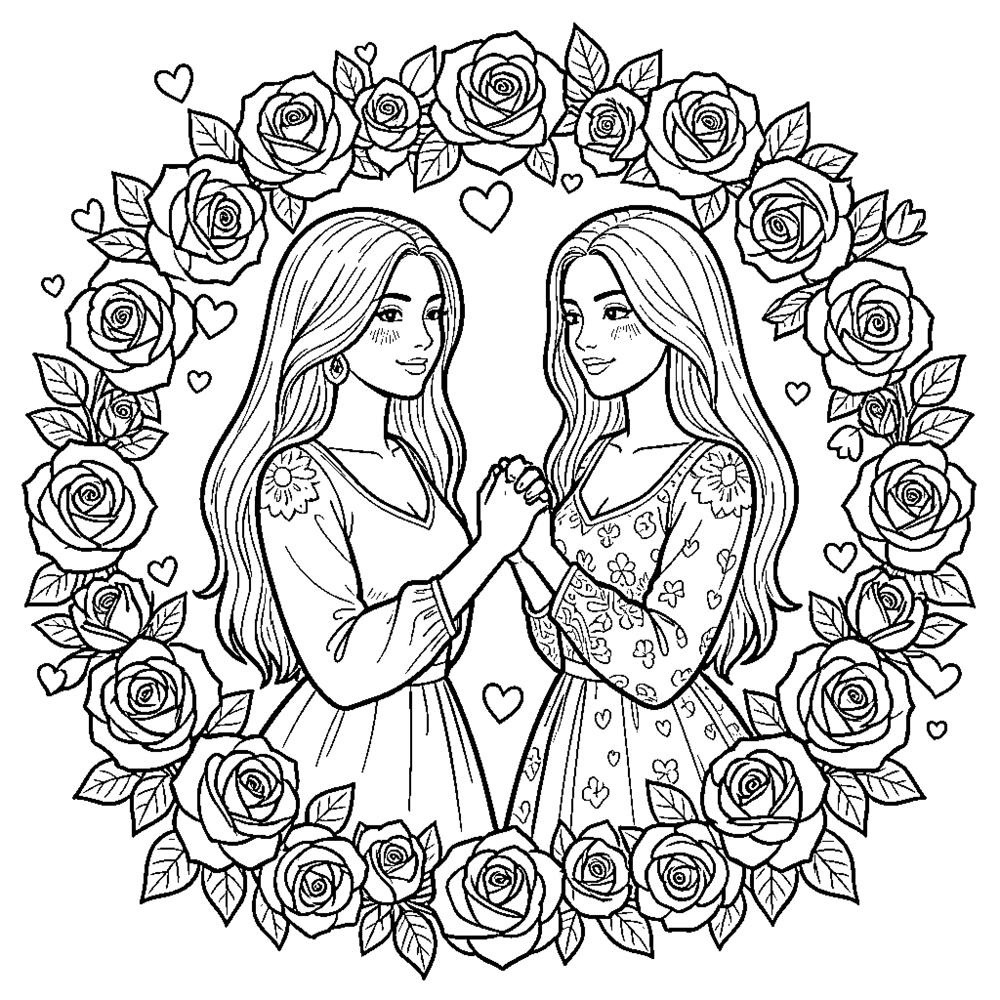 Woman holding hands within a beautiful rose wreath Coloring Page (free black-and-white line drawing printable PDF for all, from beginners to advanced learners, including children, teens, adults, and seniors)