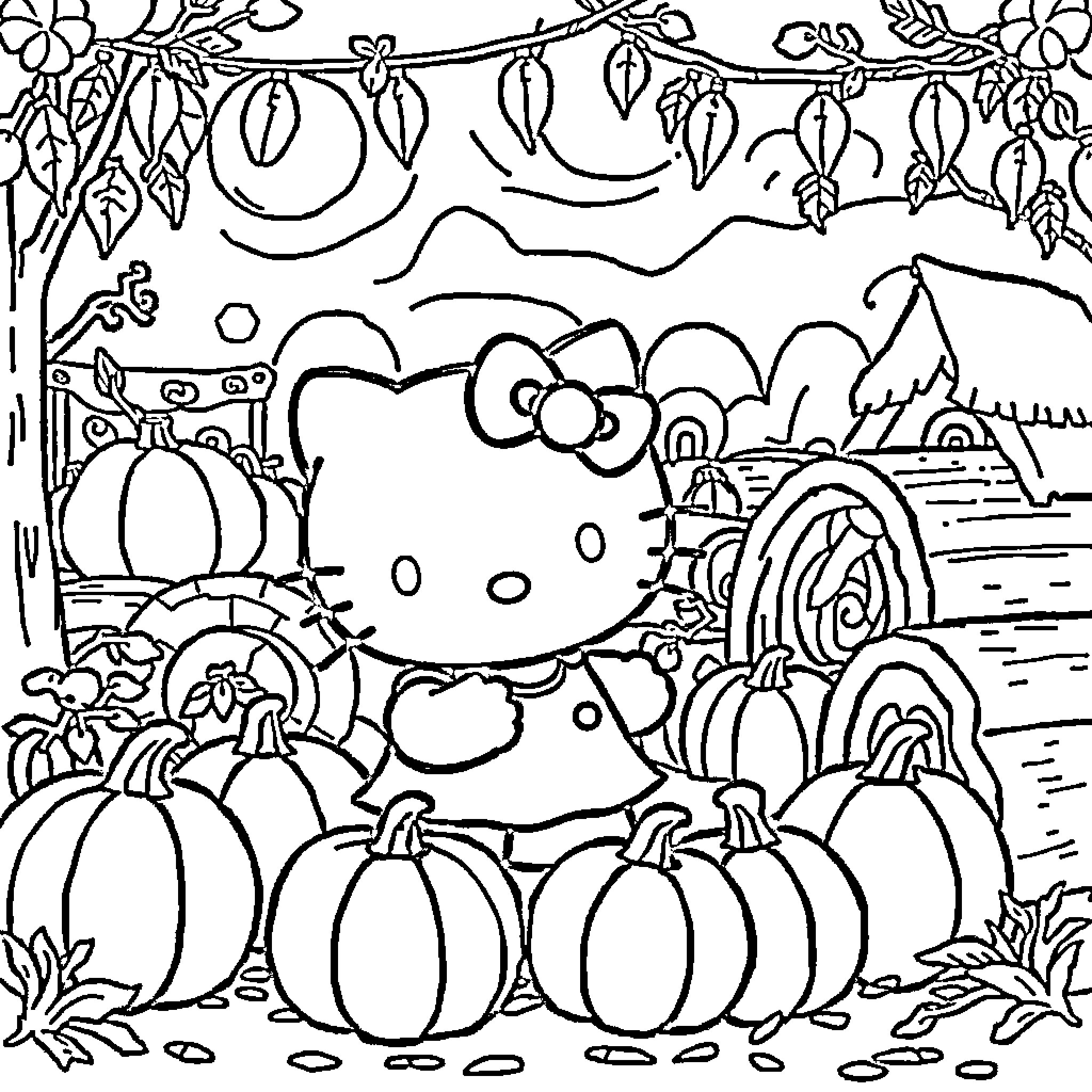 Hello Kitty Playing in the Pumpkin Patch Coloring Page (free black-and-white line drawing printable PDF for all, from beginners to advanced learners, including children, teens, adults, and seniors)