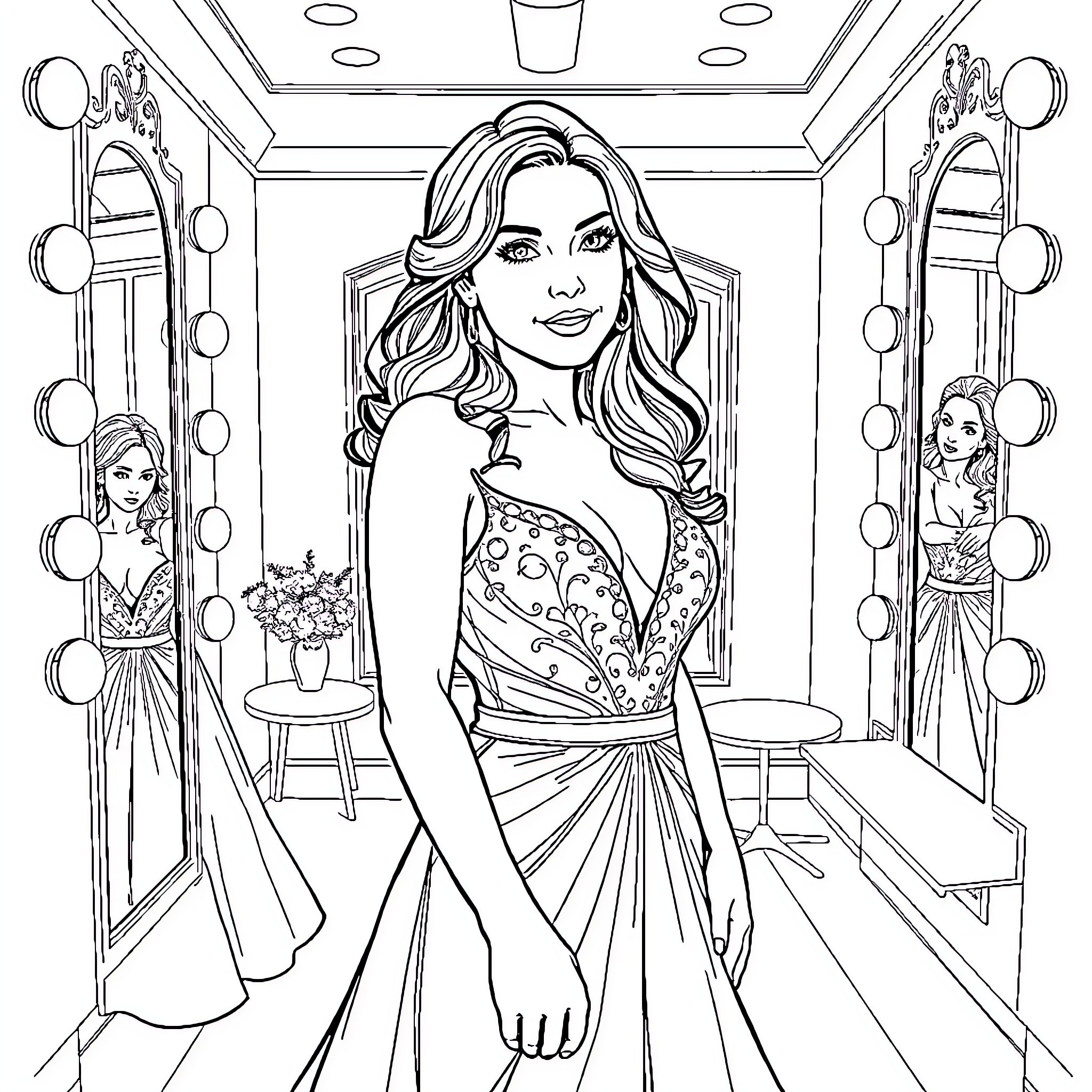 Milana Vayntrub Glamorous Portrait in Dressing Room Coloring Page (free black-and-white line drawing printable PDF for all, from beginners to advanced learners, including children, teens, adults, and seniors)