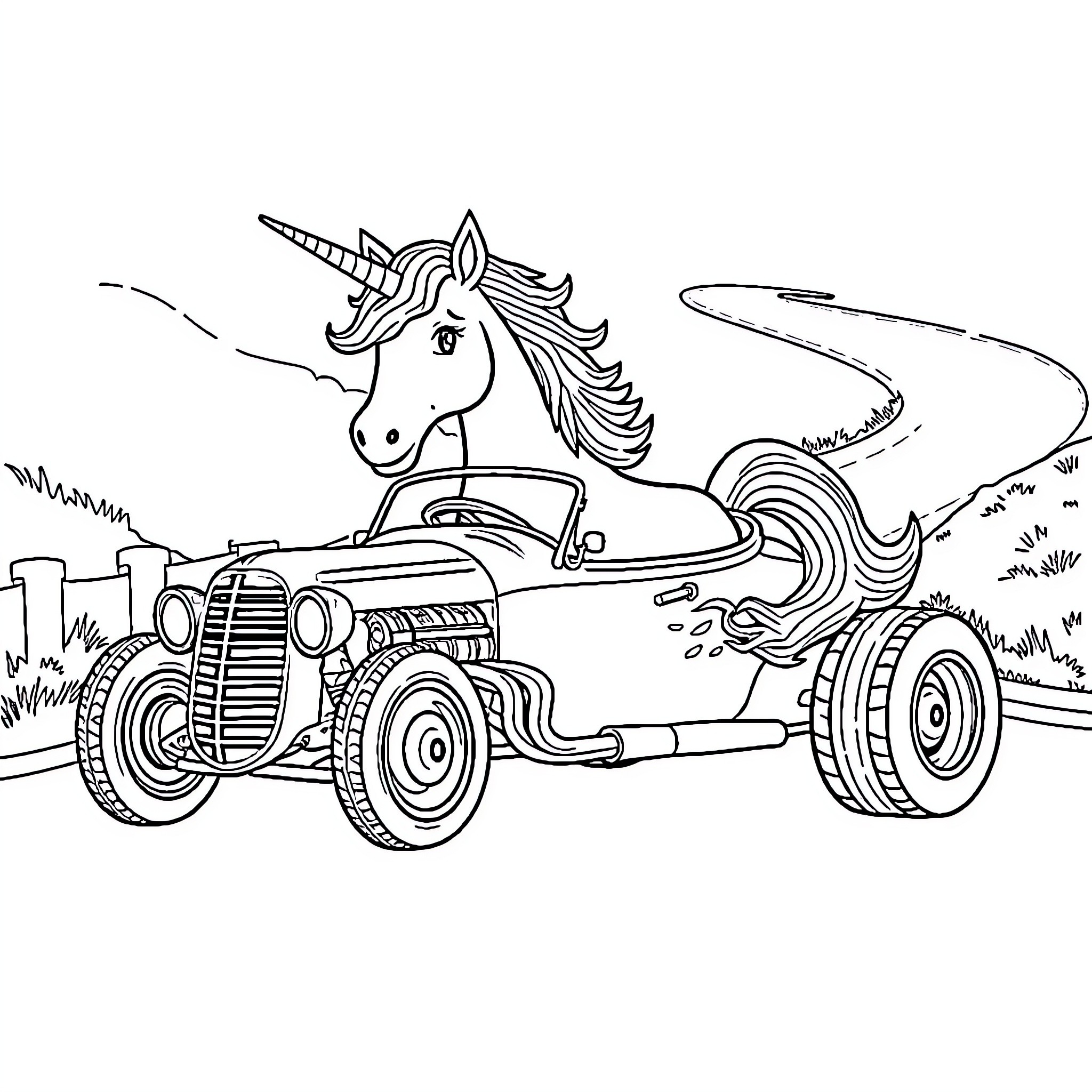 Unicorn riding a vintage car on the road Coloring Page (free black-and-white line drawing printable PDF for all, from beginners to advanced learners, including children, teens, adults, and seniors)