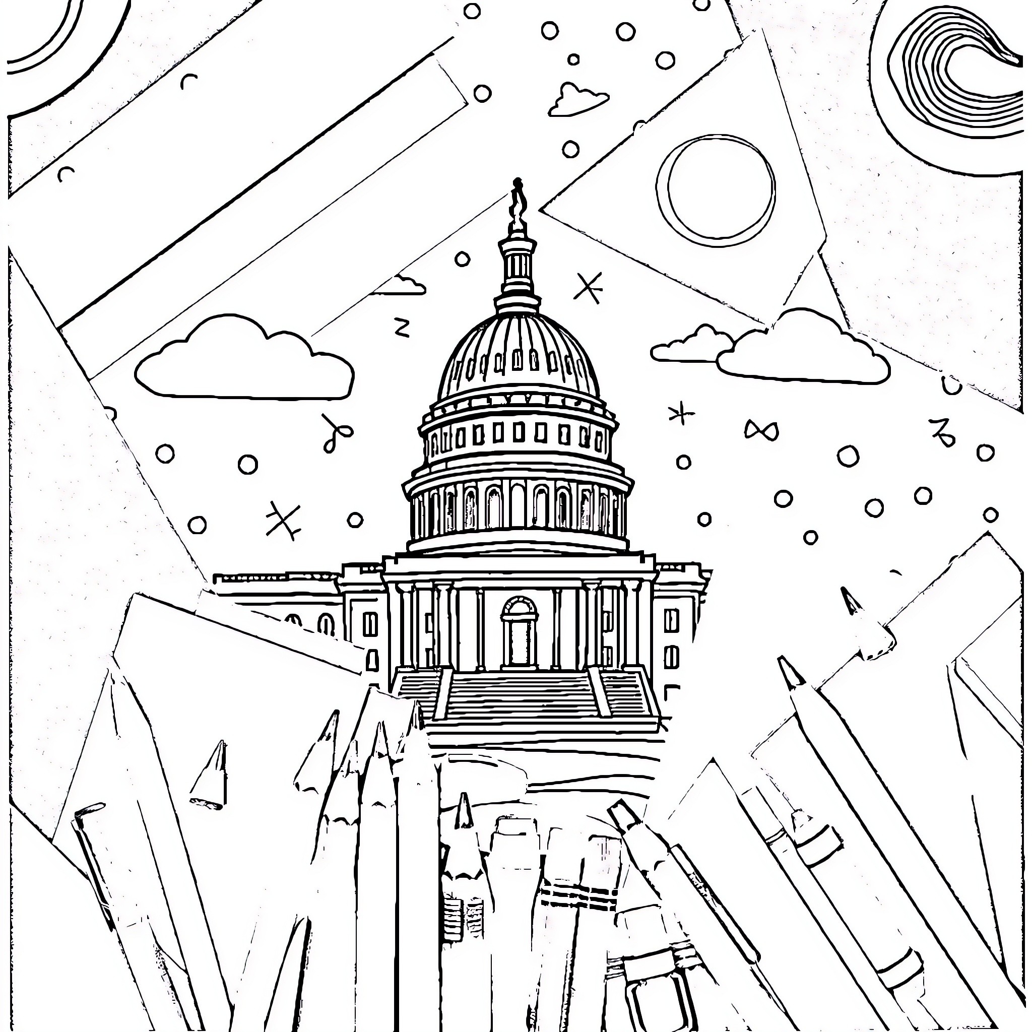 School Supply: Outline of U.S. Capitol Building Coloring Page (free black-and-white line drawing printable PDF for all, from beginners to advanced learners, including children, teens, adults, and seniors)
