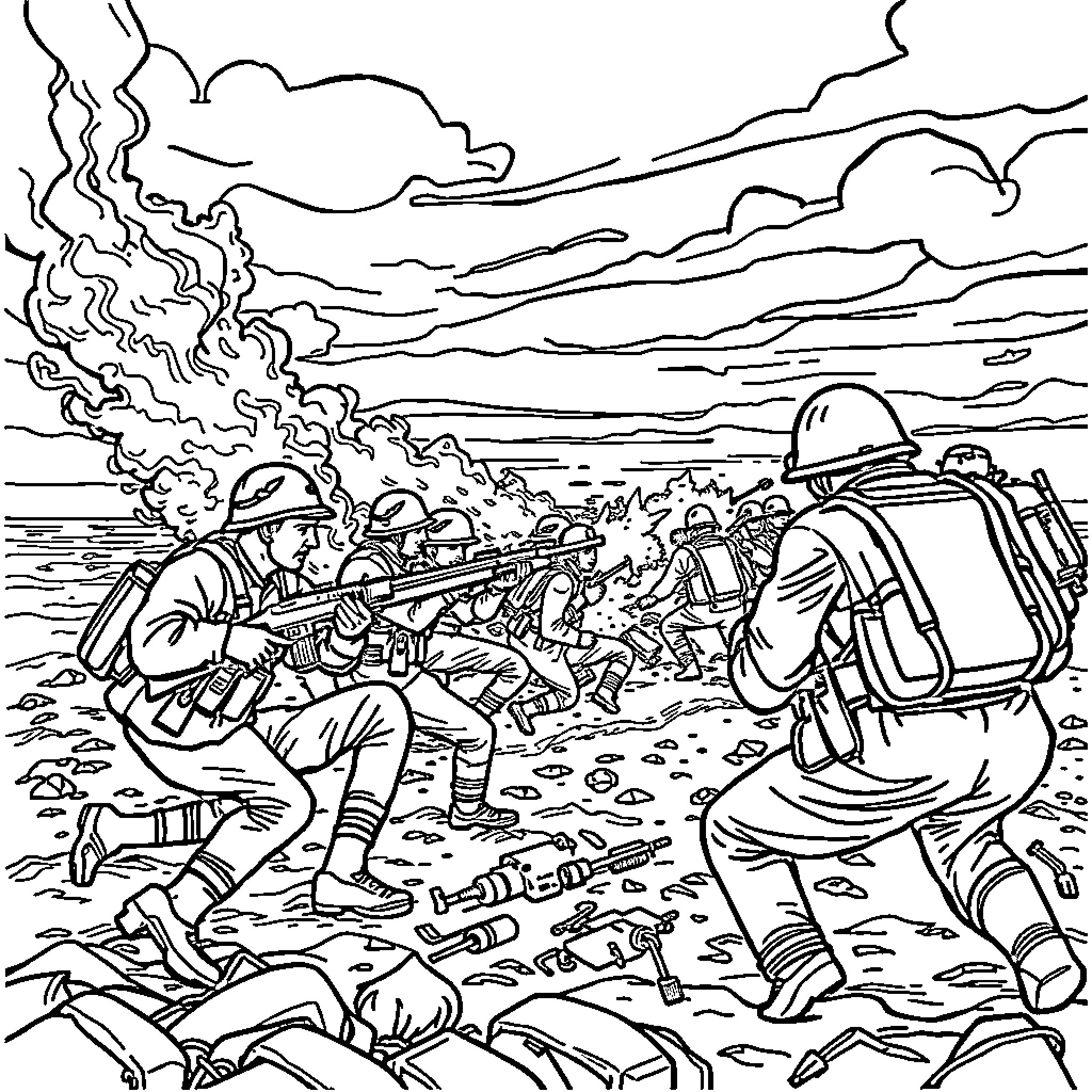 D Day Military Invasion in Wartime Chaos Coloring Page (free black-and-white line drawing printable PDF for all, from beginners to advanced learners, including children, teens, adults, and seniors)